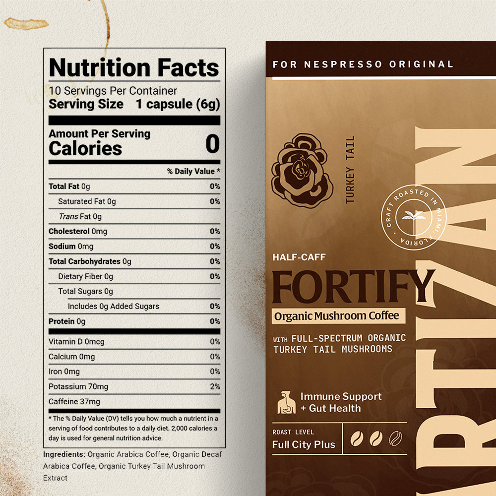 Nutrition facts label and packaging for Artizan Fortify organic mushroom coffee capsules with turkey tail mushroom extract.