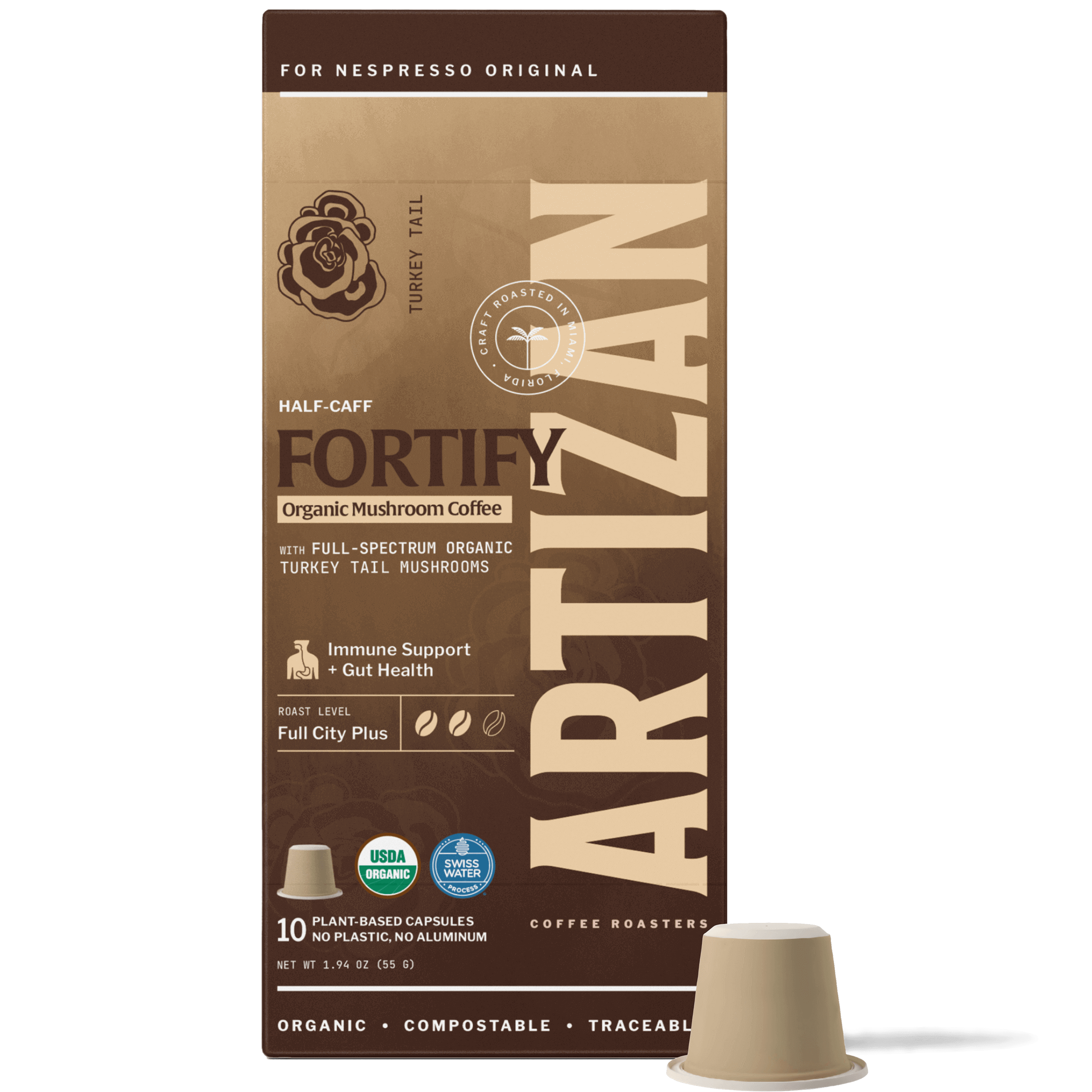 Image of Artizan Fortify organic mushroom coffee capsules for Nespresso Original with turkey tail extract.