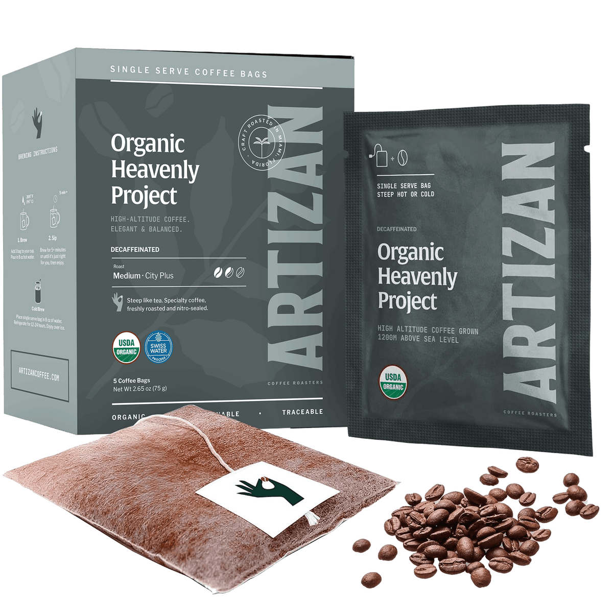 Heavenly Project Decaf single-origin specialty coffee singles 5-pack, lifestyle view