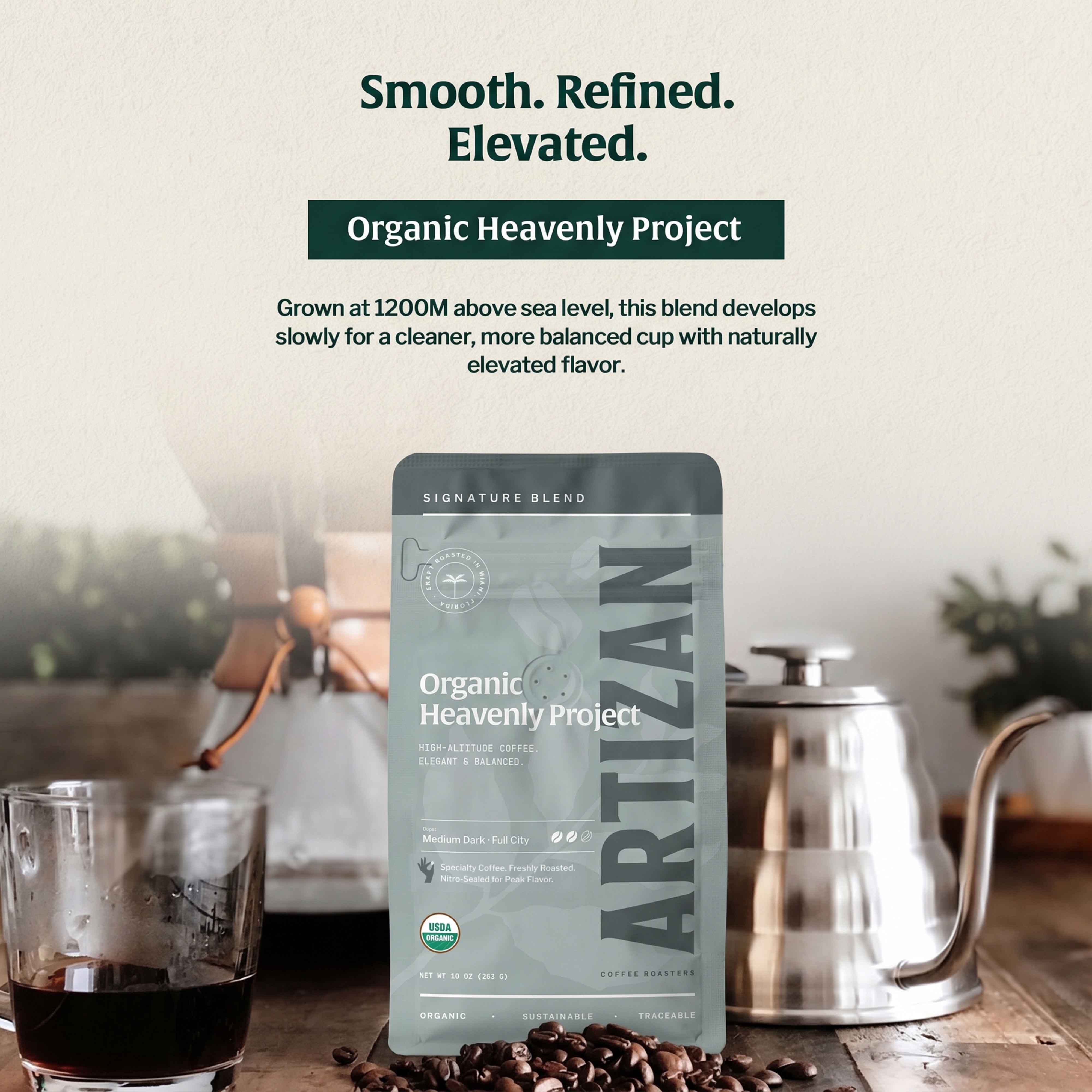 artizan organic heavenly project whole beans & ground coffee detail 1x1