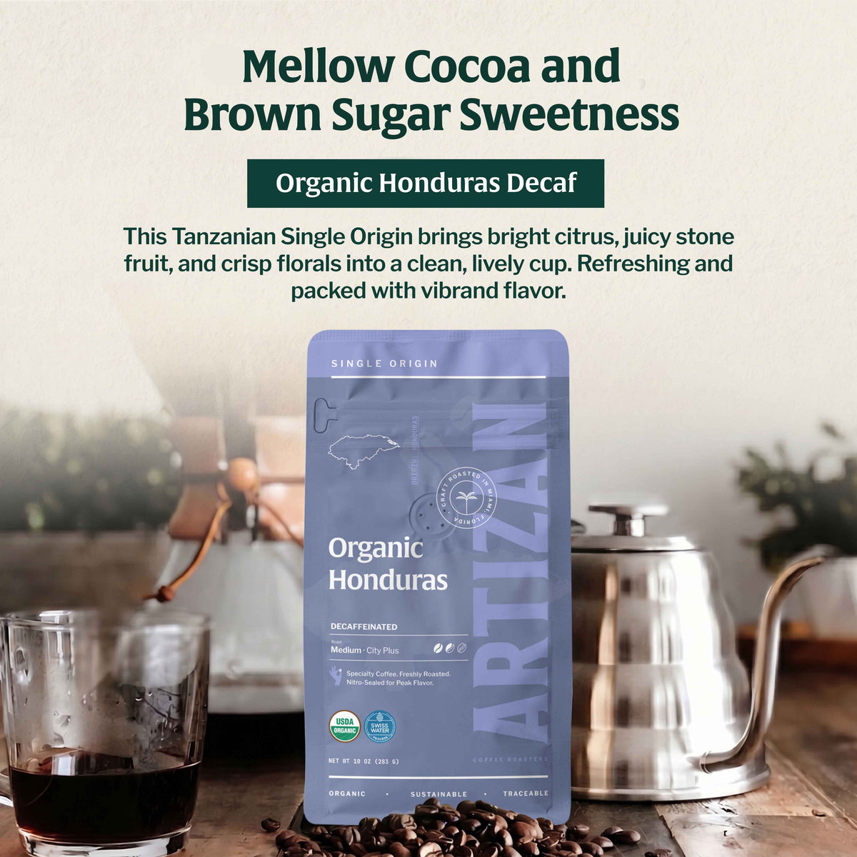 artizan organic Honduras decaf, organic whole bean coffee 3D