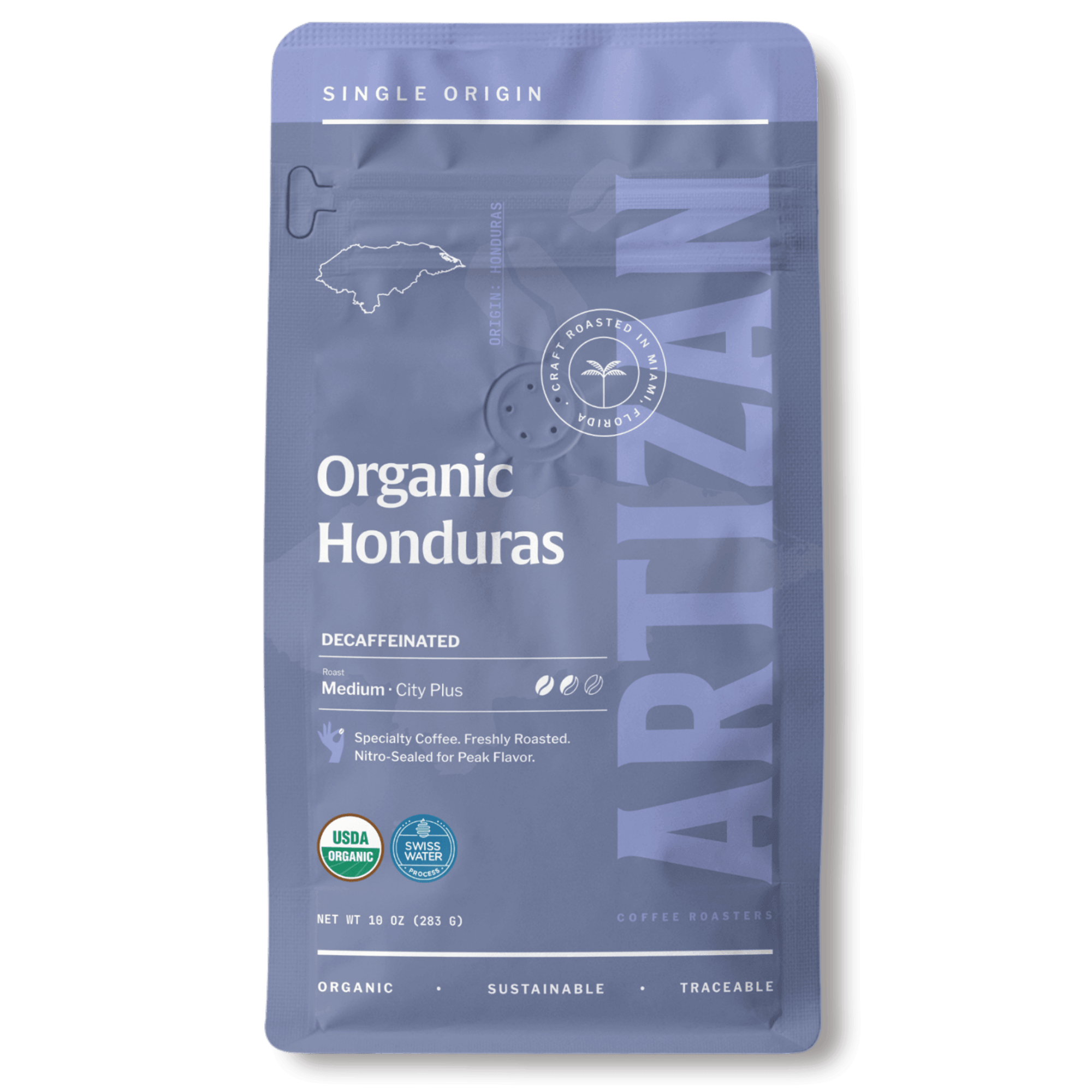 Package of Artizan Coffee Roasters' Organic Honduras Decaf espresso blend with a description of flavor notes.