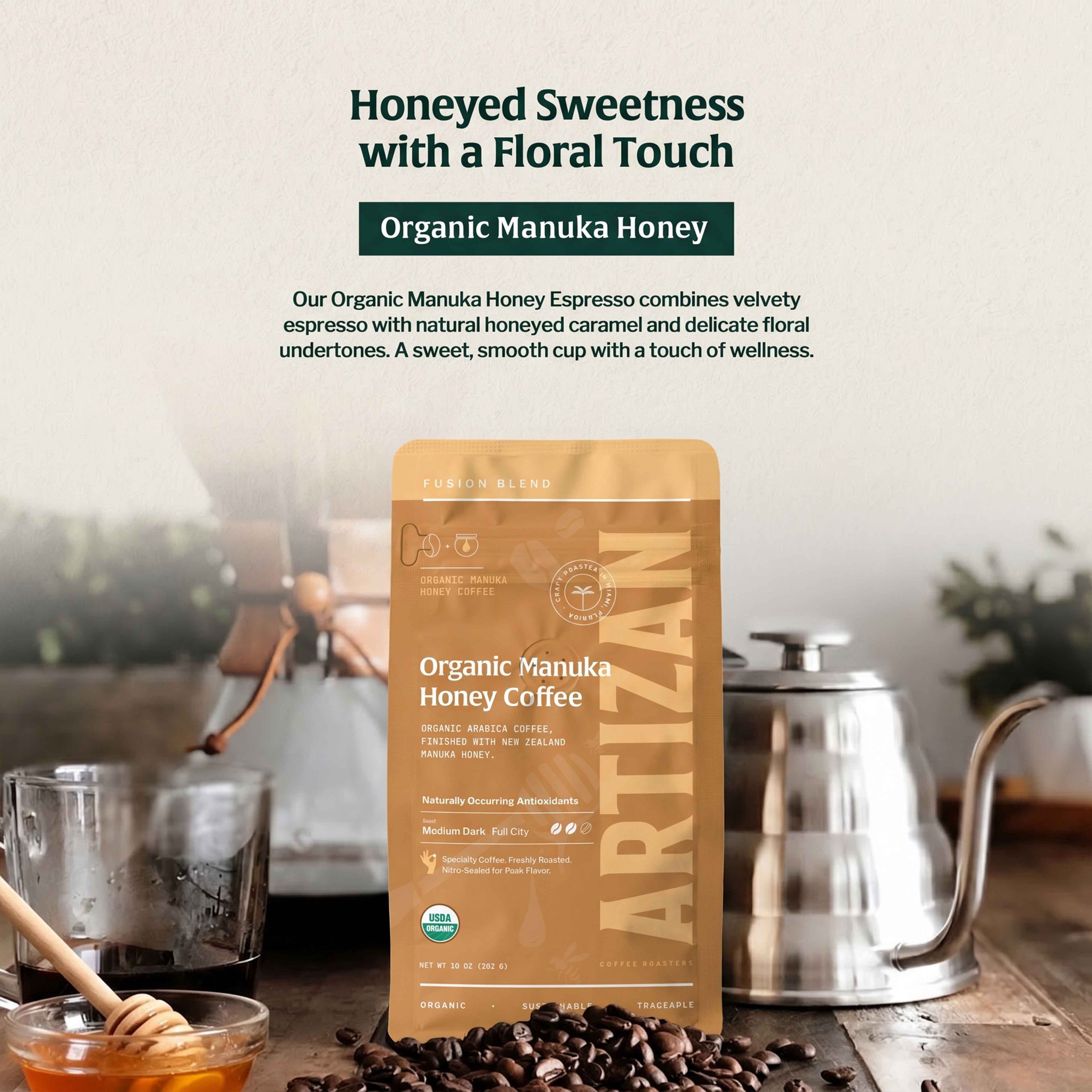 artizan organic manuka honey coffee whole beans & ground coffee detail 1x1