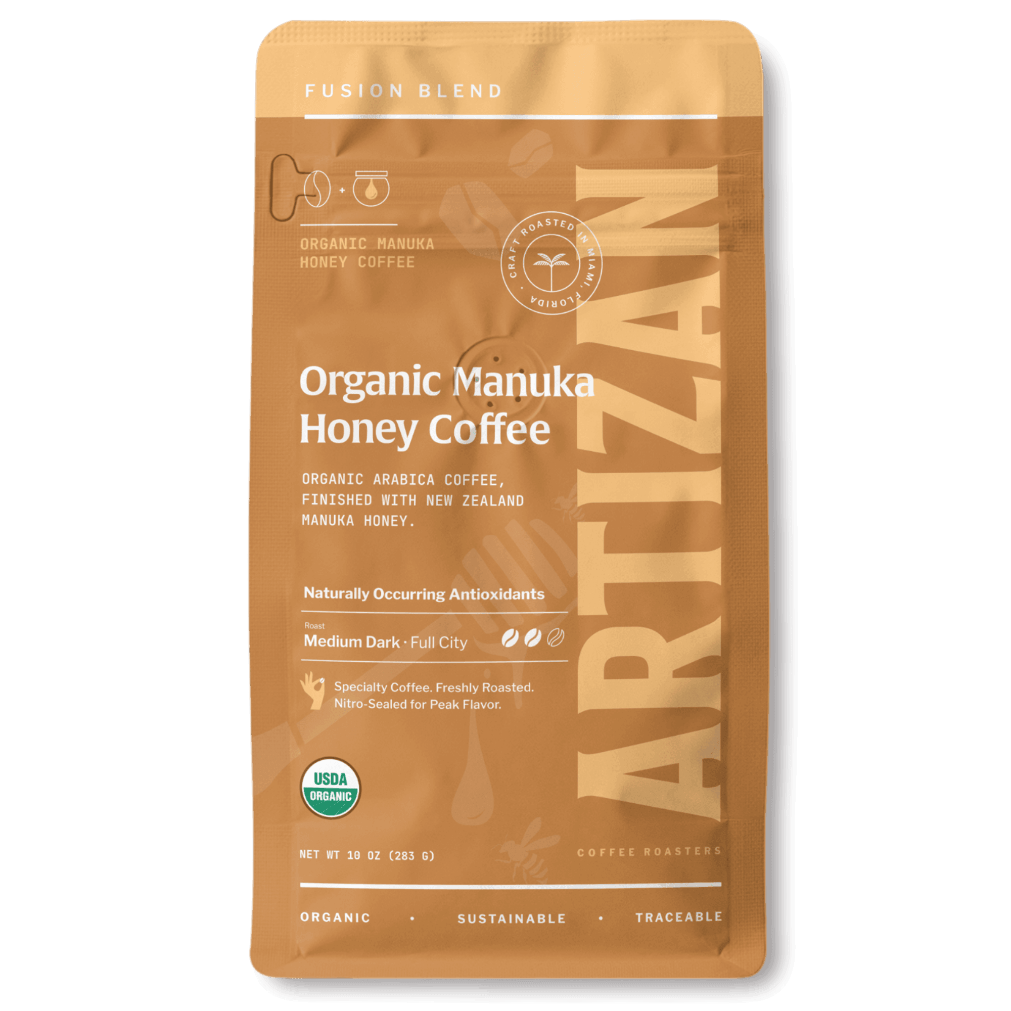 artizan organic manuka honey coffee whole beans & ground coffee front 1x1