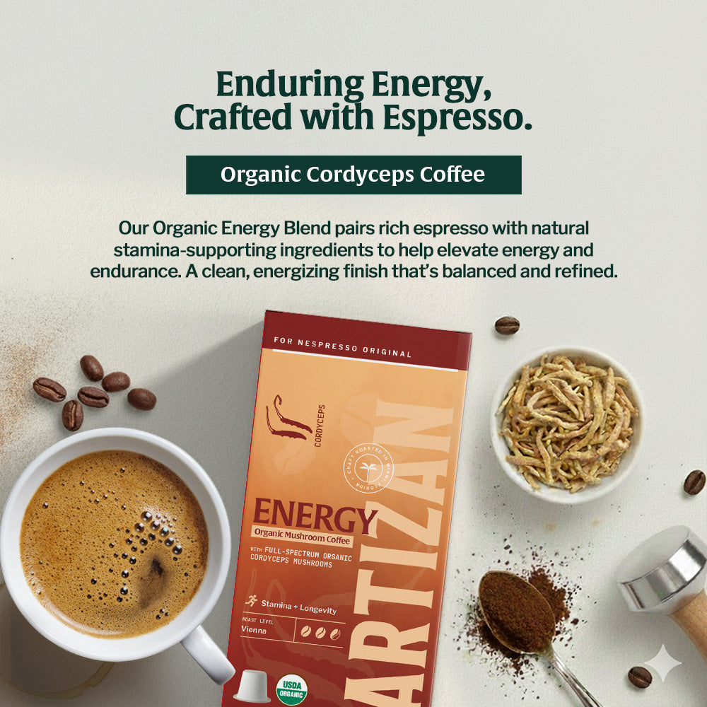 Close-up of organic cordyceps mushrooms used in full-spectrum mushroom coffee for natural energy and endurance support.