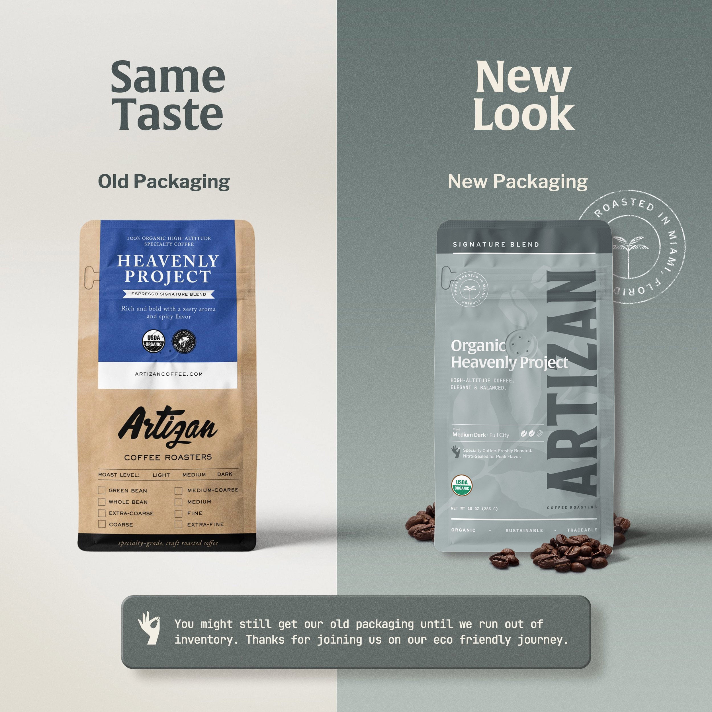 Image of Old and New Packaging of Organic Heavenly Project Whole Bean and Ground from Artizan Coffee Roasters.