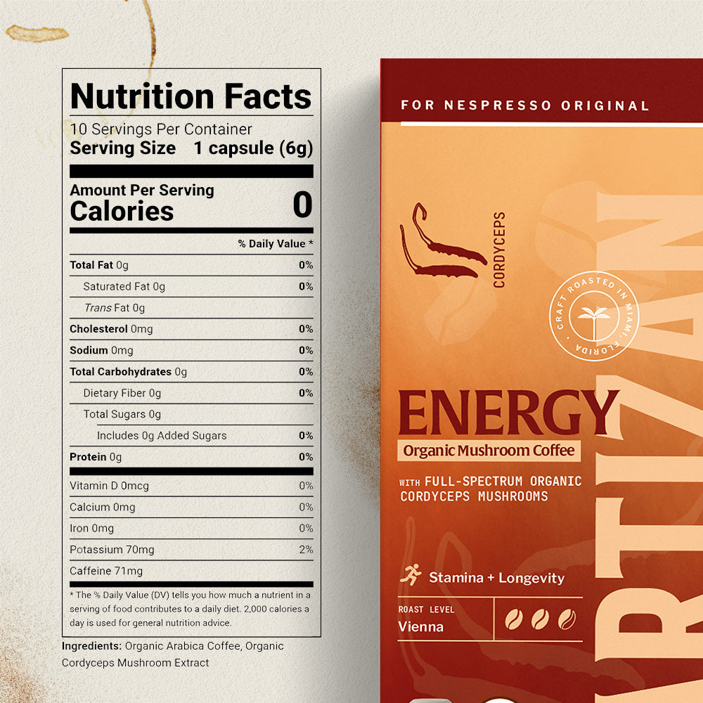 Nutrition facts label and packaging of organic cordyceps mushroom coffee capsules for Nespresso Original with full-spectrum extract.