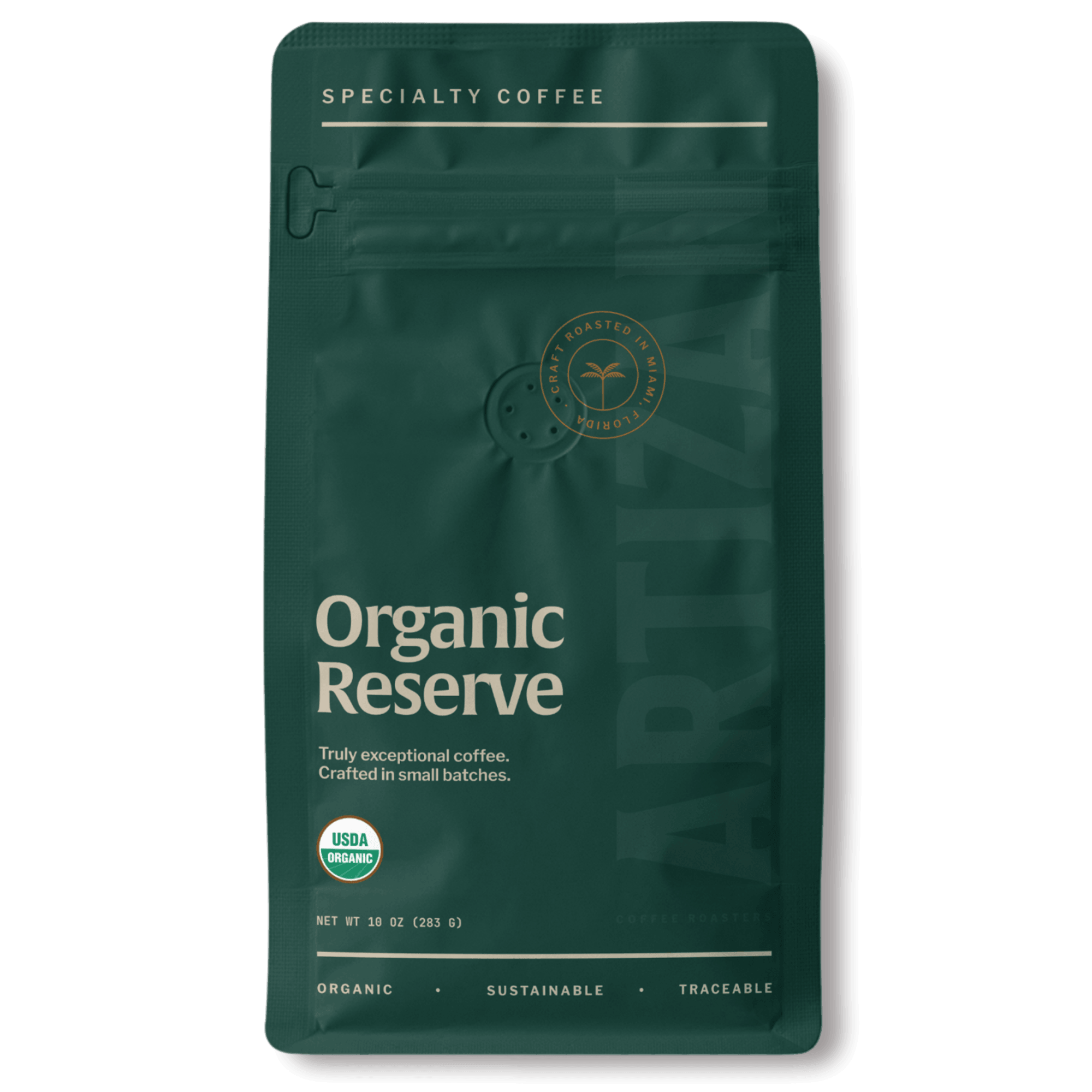 Package of Artizan Coffee Roasters' Organic Reserve espresso blend with a description of flavor notes.