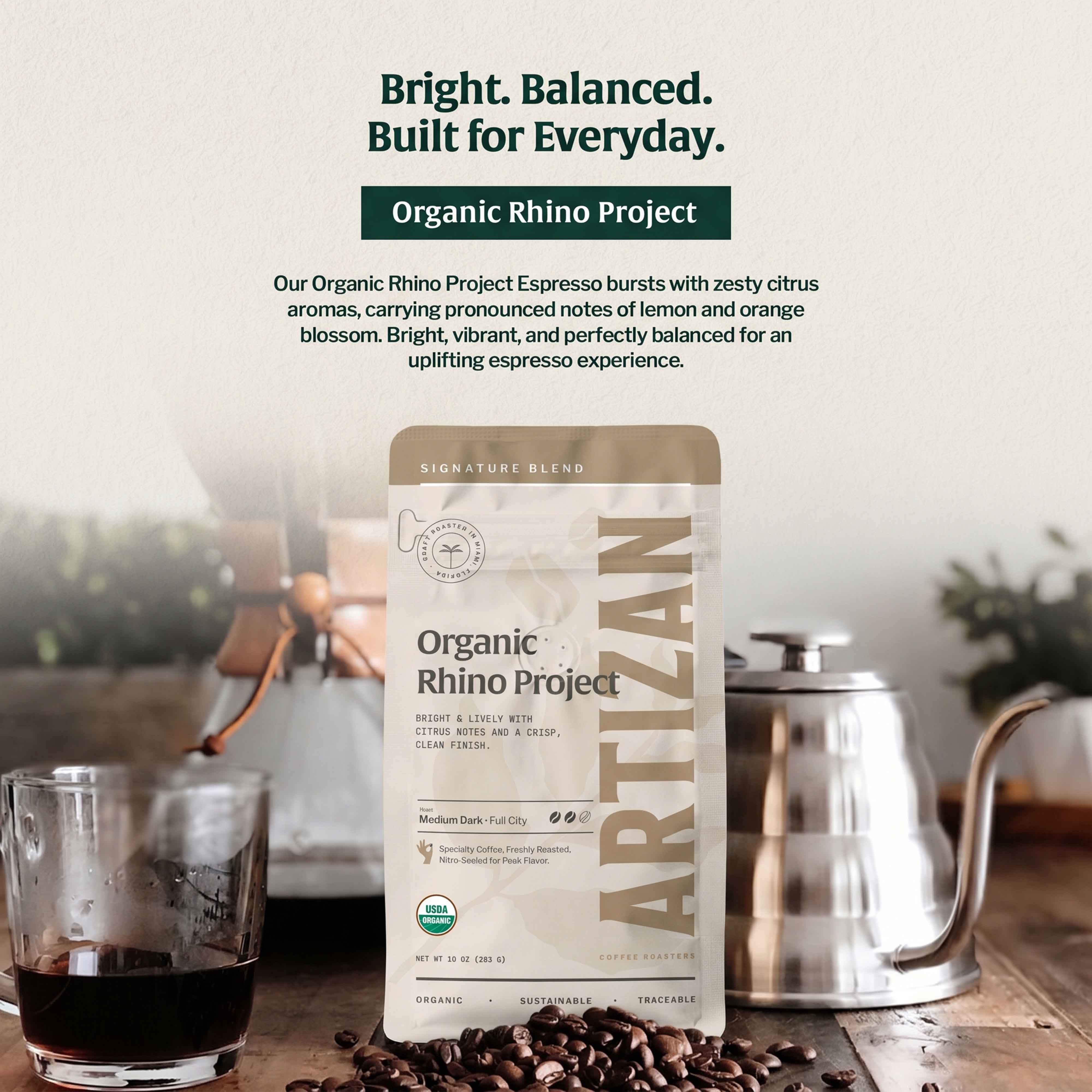 artizan organic rhino project whole beans & ground coffee detail 1x1