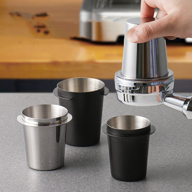 artizan stainless steel and matte black espresso dosing cups set, durable barista tool for coffee grounds transfer and mess-free brewing.