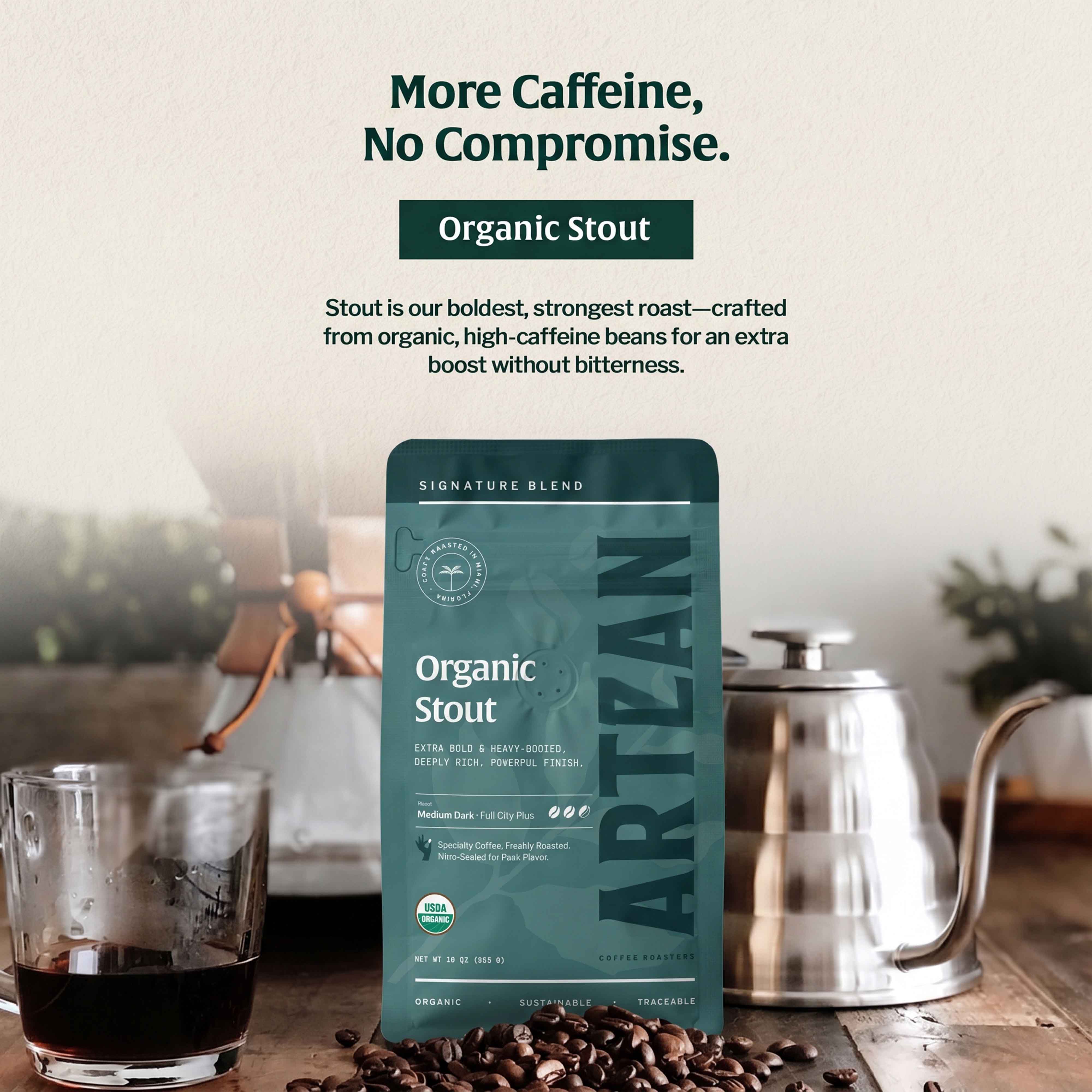 artizan organic stout whole beans & ground coffee detail 1x1