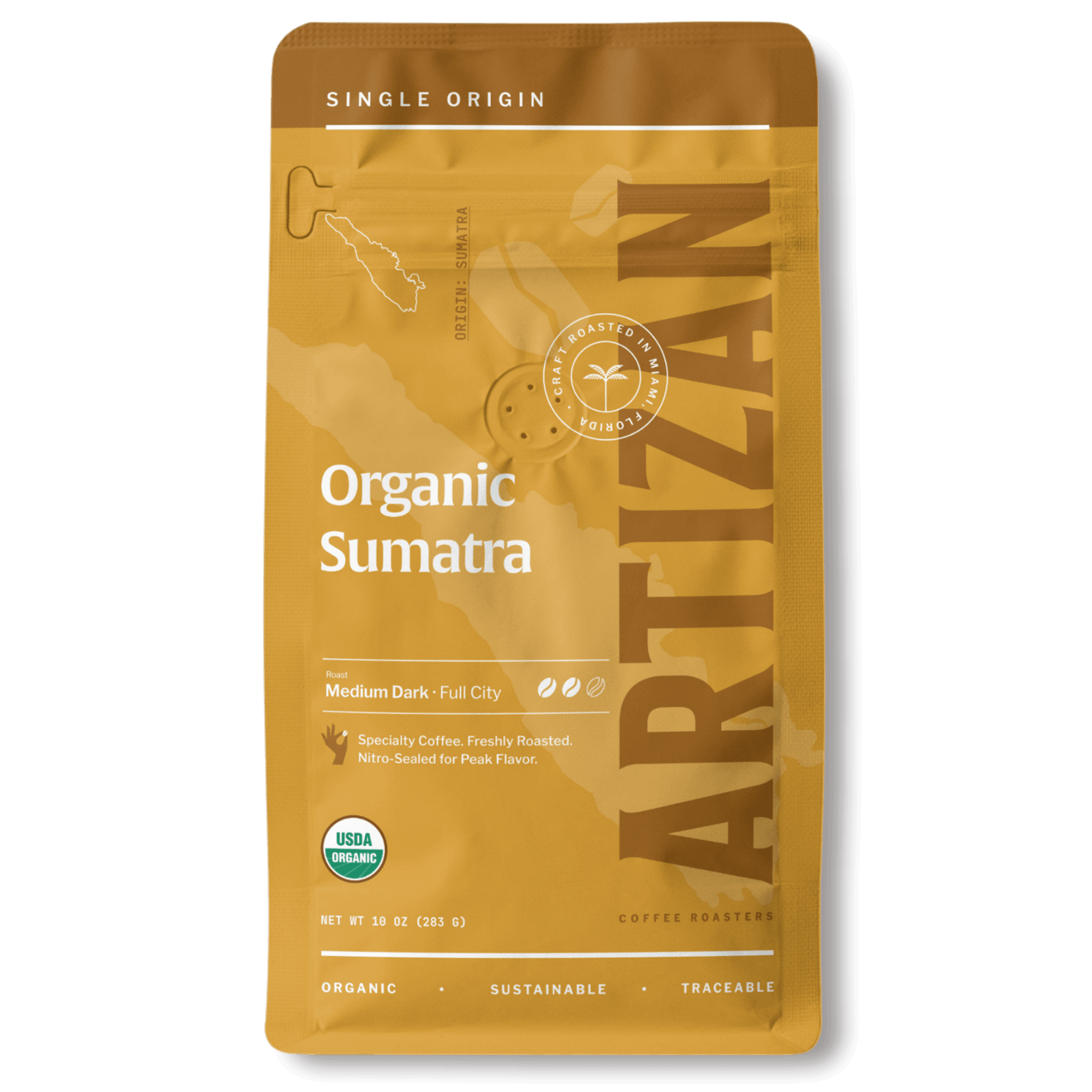 Package of Artizan Coffee Roasters' Organic Sumatra espresso blend with a description of flavor notes.