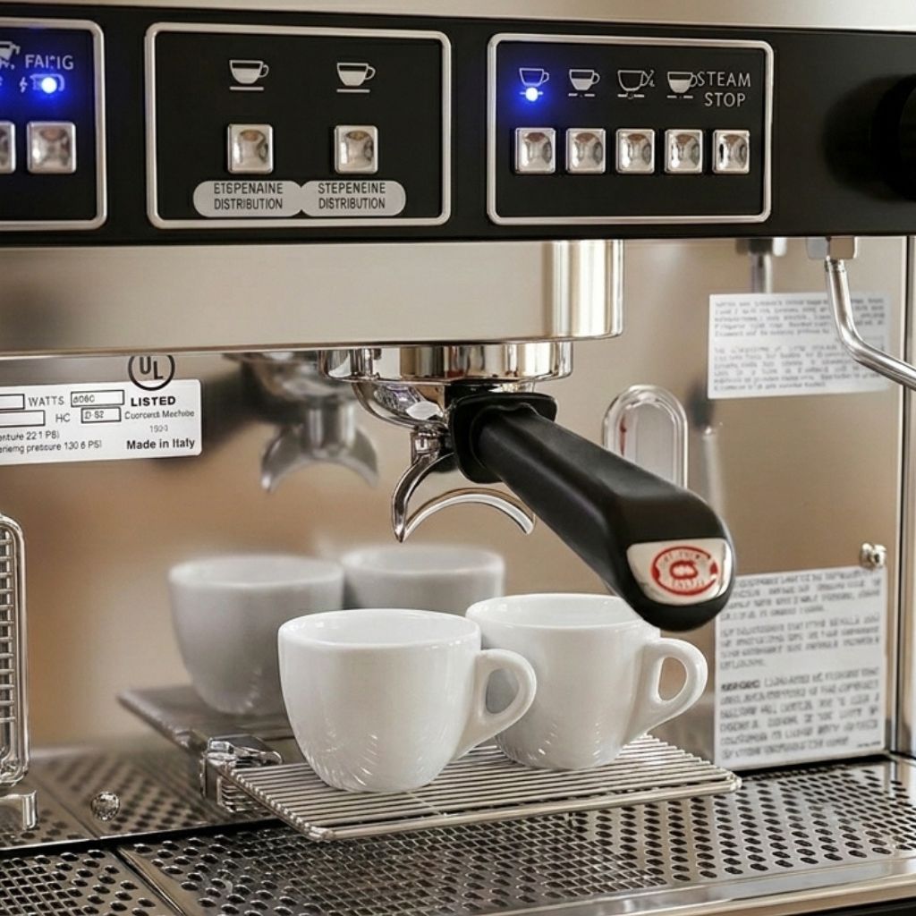 Close-up of Astoria espresso machine digital brewing control panel and espresso buttons.