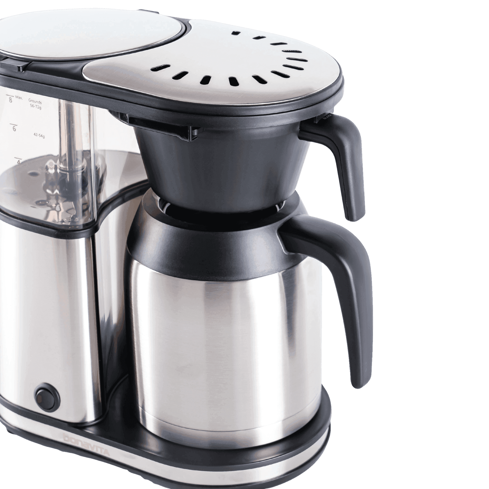 Bonavita Connoisseur 8-Cup One-Touch Drip Coffee Brewer, angled top view showing shower head, hanging basket, and stainless steel thermal carafe