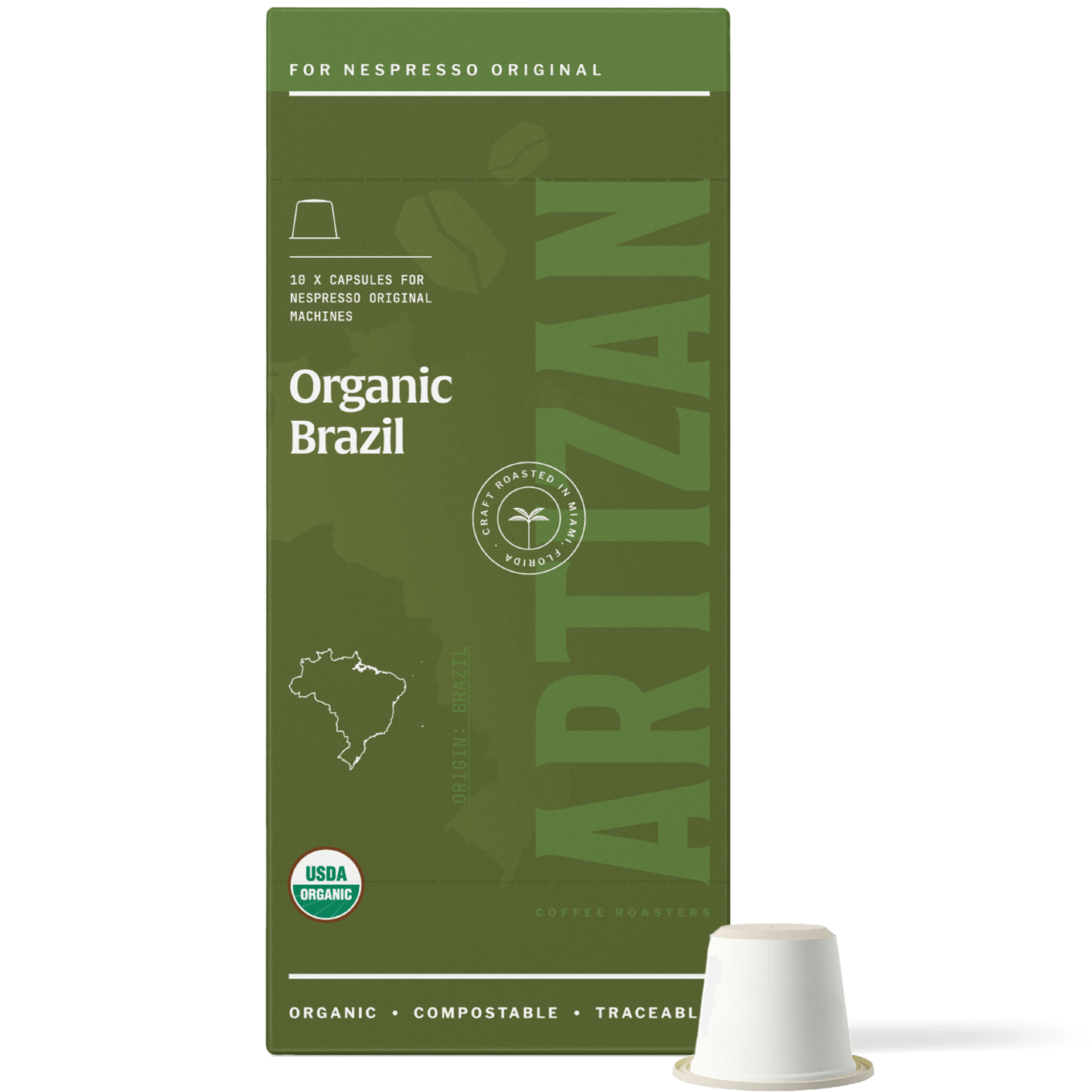 Image of Organic Brazil Nespresso Pods for Original Machines with Capsule Beside It.