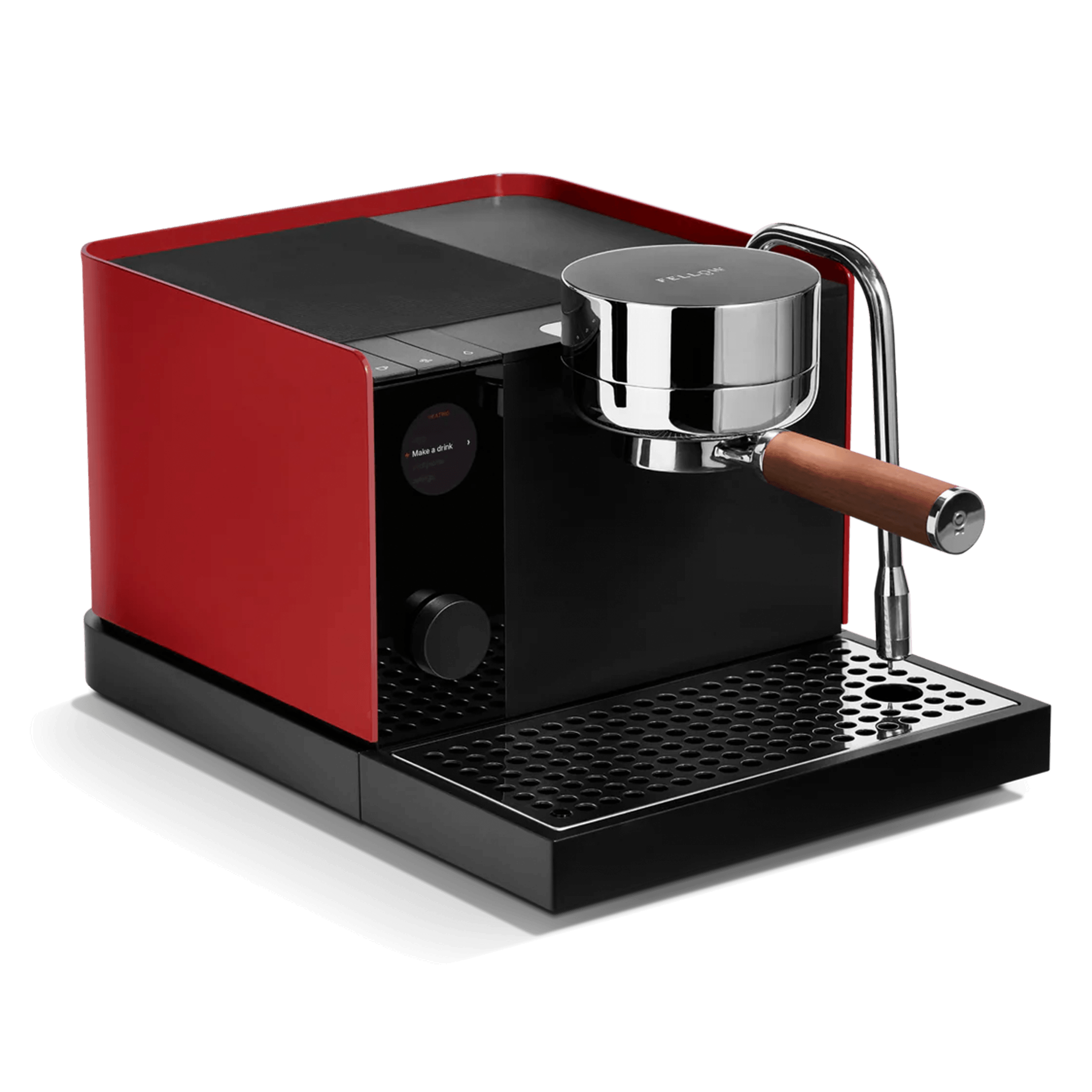 modern cherry red with walnut accents espresso machine variant with chrome portafilter and steam wand, compact countertop coffee maker