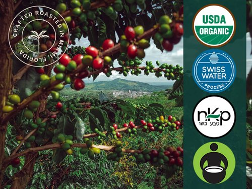 Image of “Crafted and Roasted in Miami, Florida” with USDA Organic, Fairtrade, and Swiss Water Process logos over a scenic organic coffee farm with coffee beans on a tree.