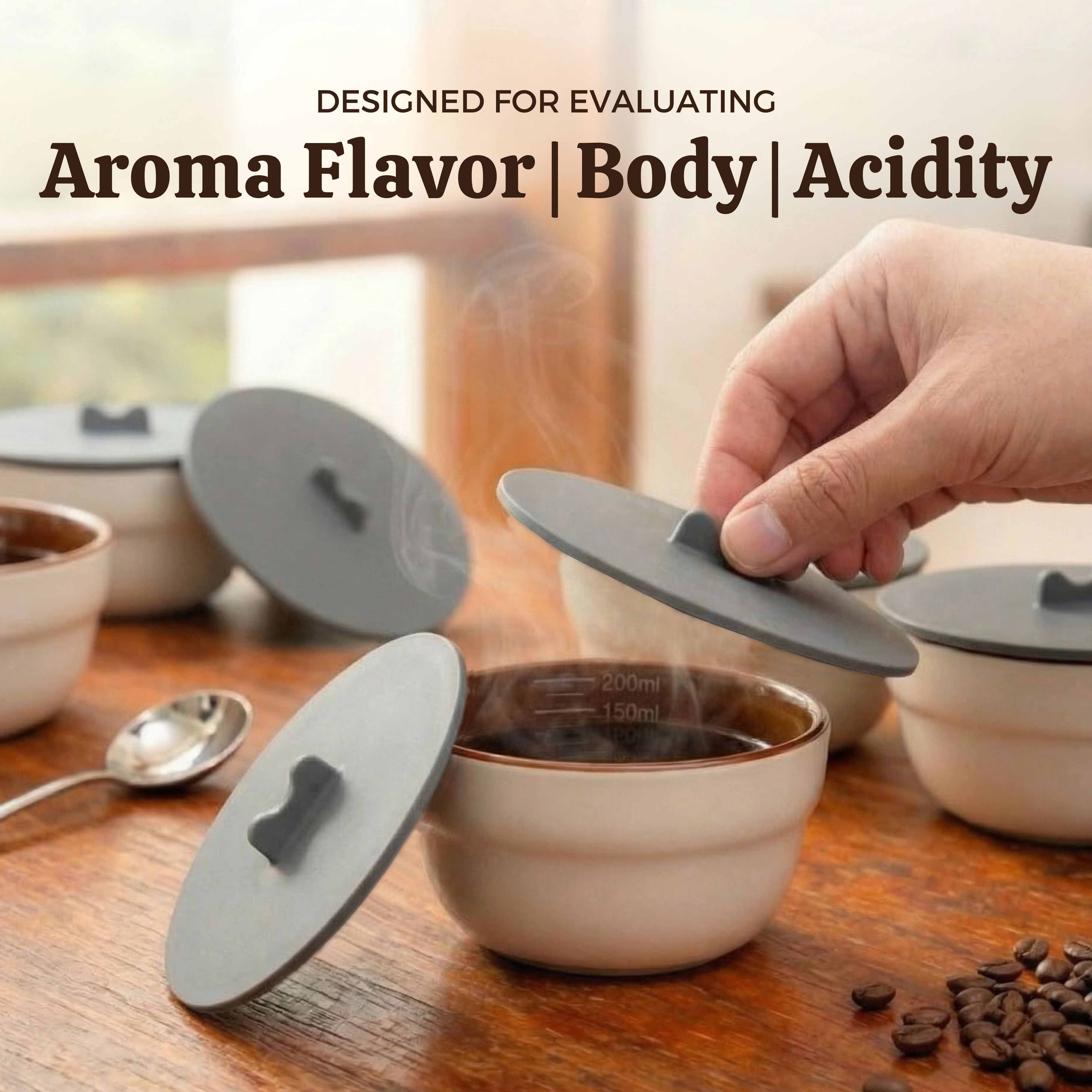 coffee cupping bowl designed for evaluating aroma, flavor, body and acidity.