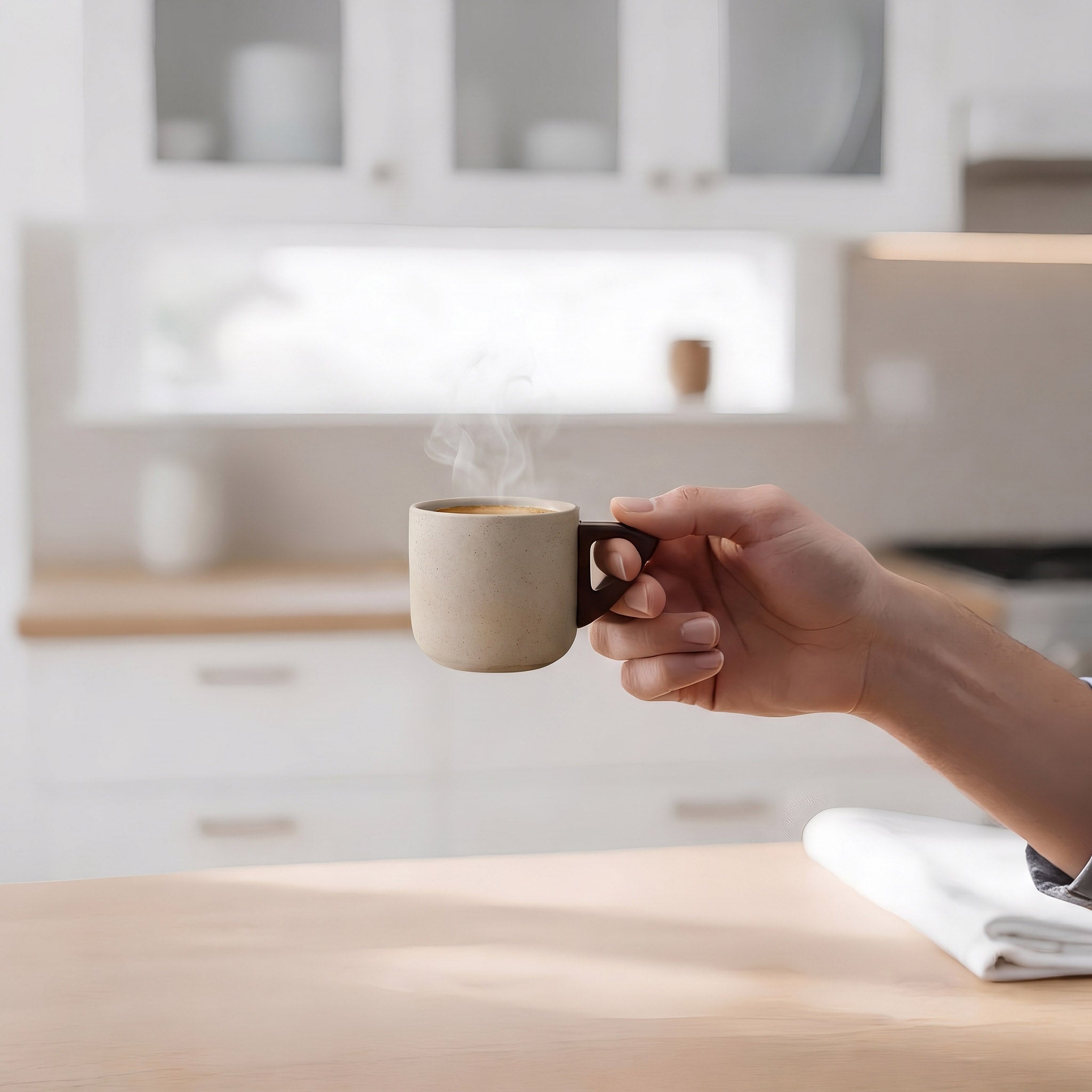 Elegant minimalist speckled sandstone ceramic coffee mug with a modern handle, perfect for kitchen use.