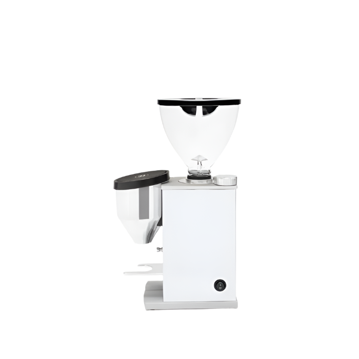 Full left side image of chrome variant Rocket Espresso Faustino Espresso Grinder