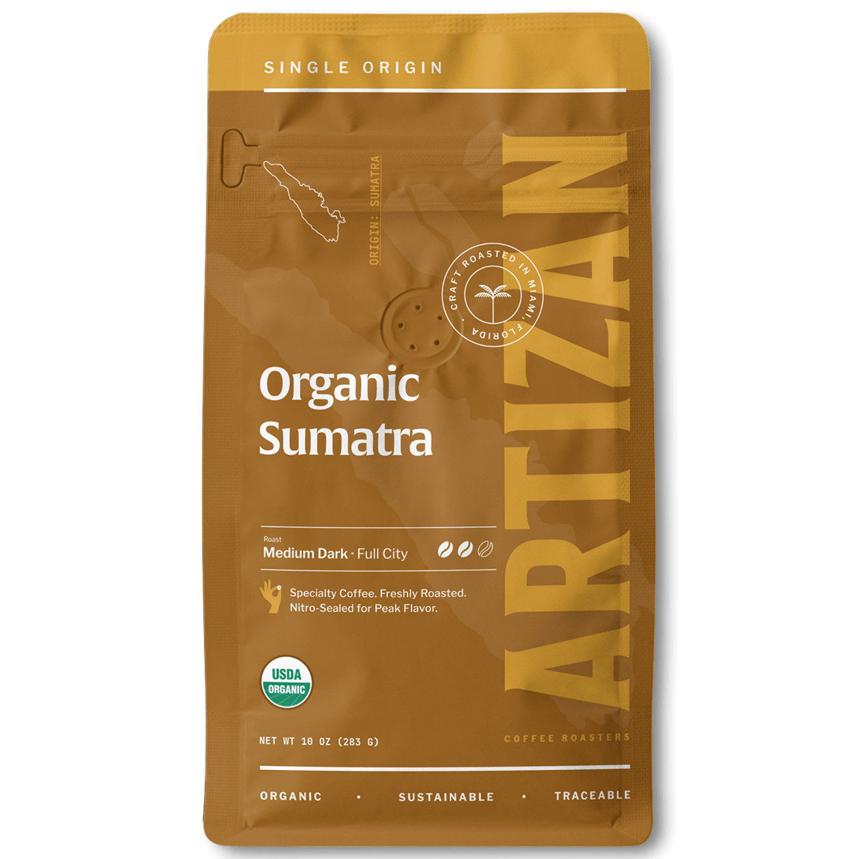 Package of Artizan Coffee Roasters' Organic Sumatra espresso blend with a description of flavor notes.