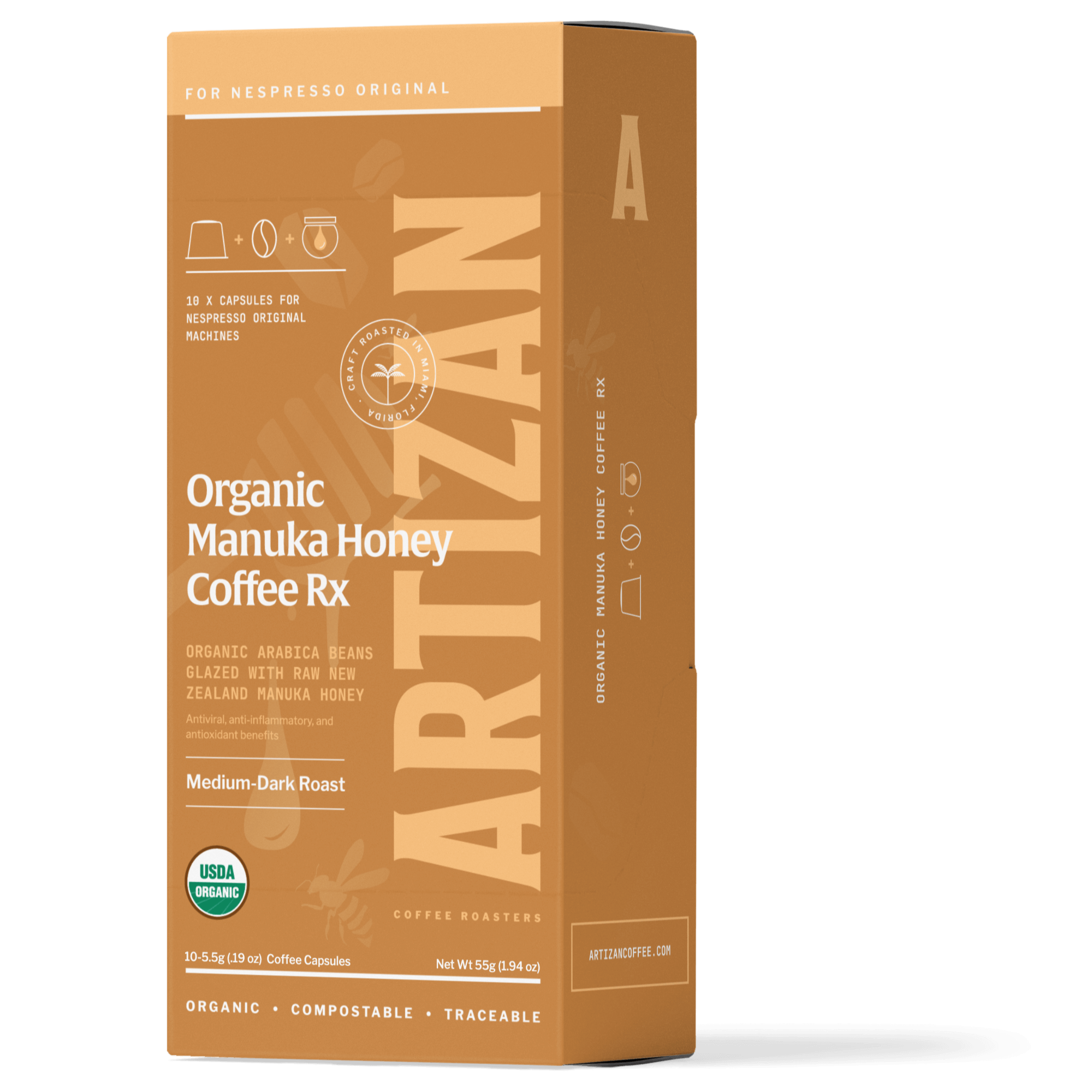 A right front side image of Organic Manuka Honey Packaging.