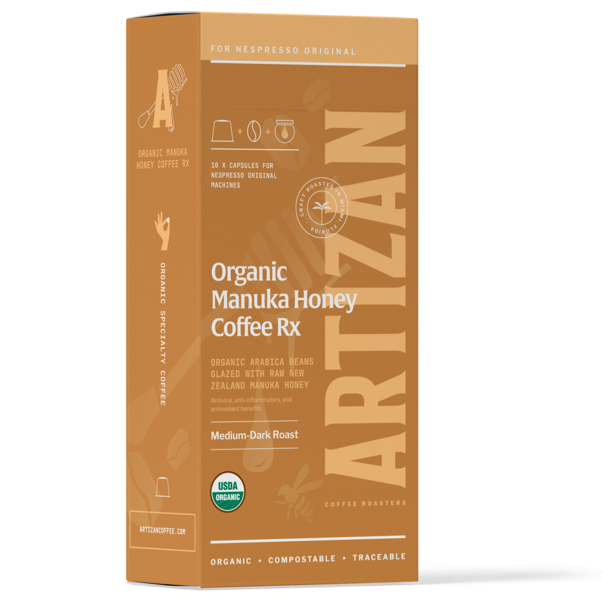 A left front side image of Organic Manuka Honey Packaging.
