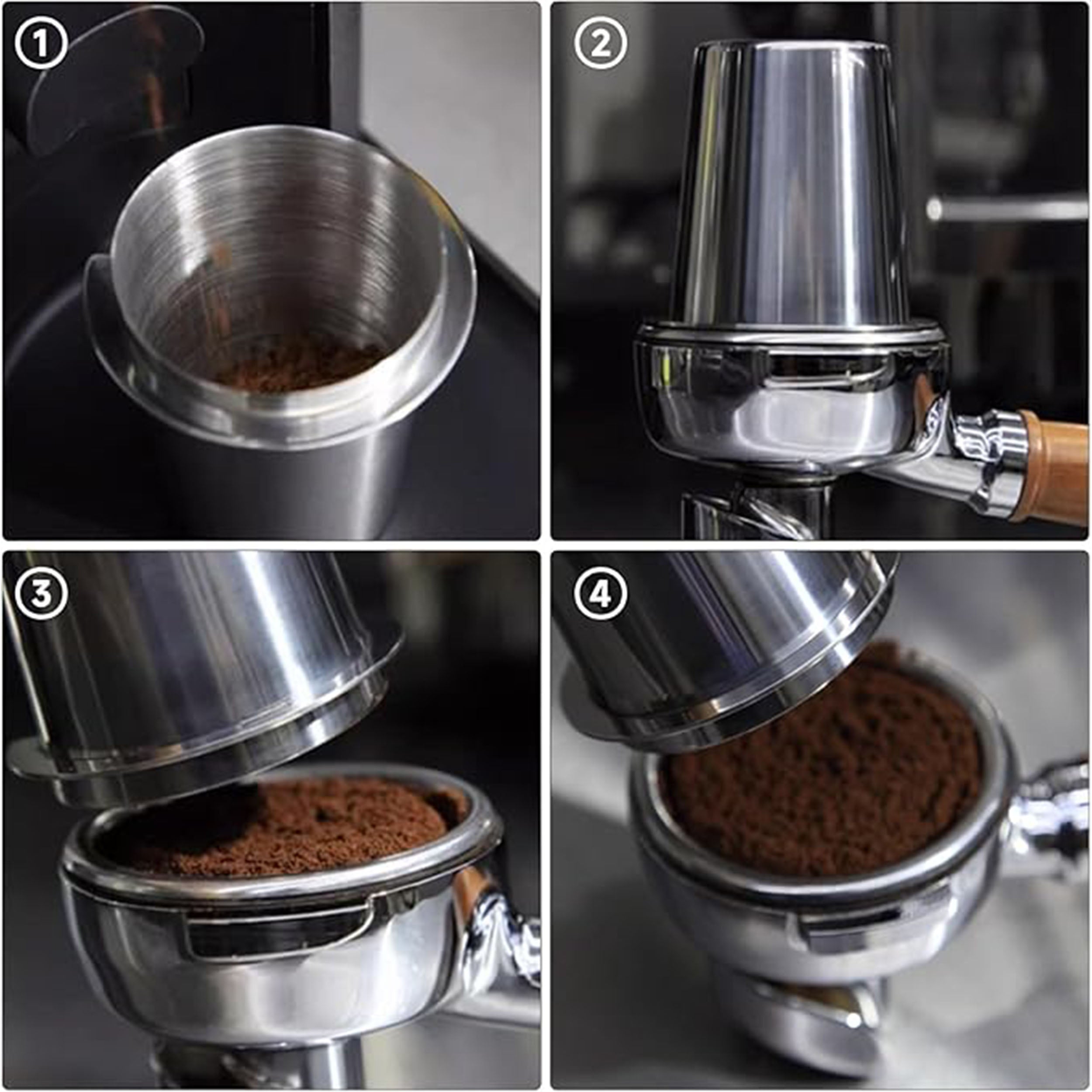 How to use 51mm stainless steel espresso dosing cup with portafilter – easy transfer of coffee grounds without spills