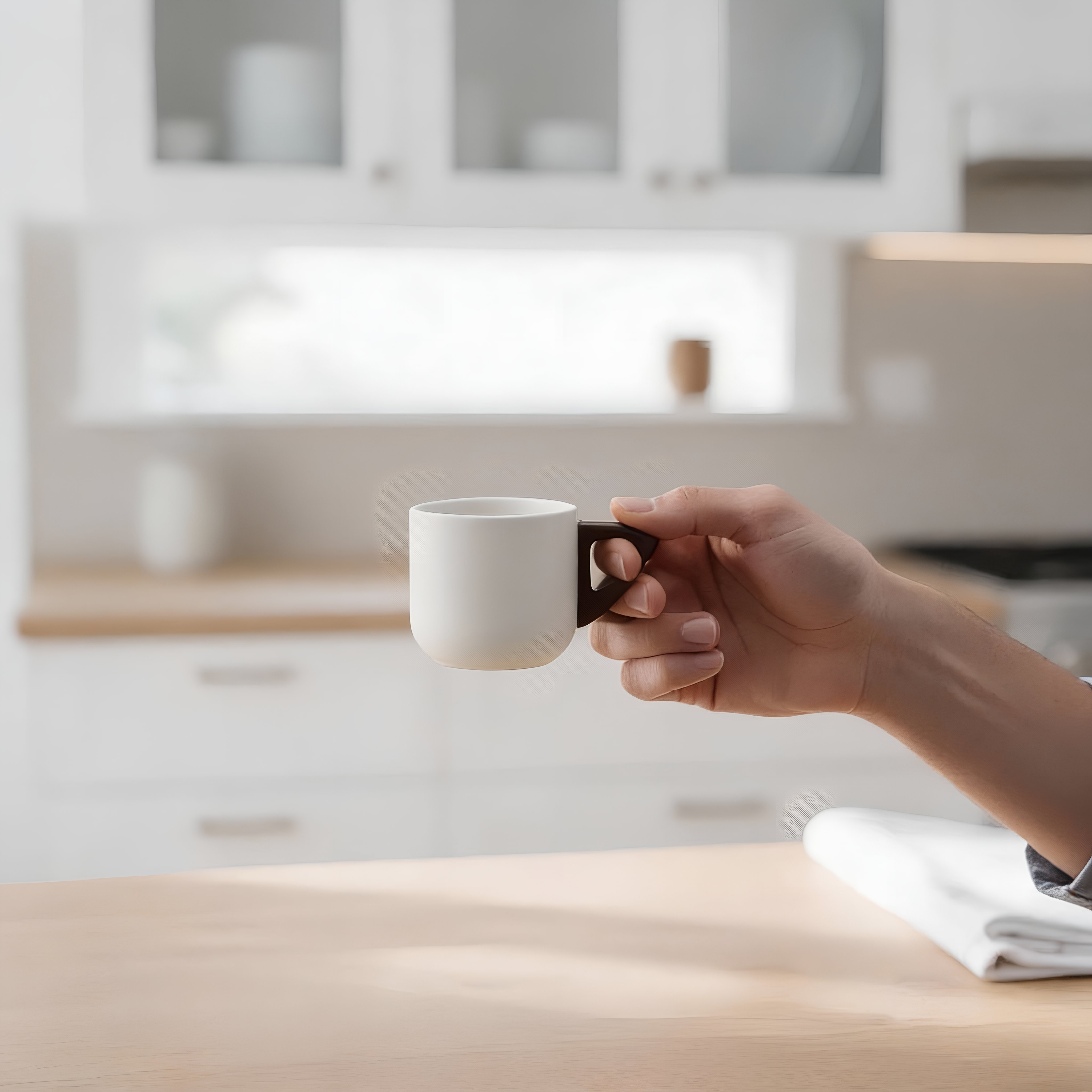 Minimalist white ceramic coffee mug with a modern black handle, perfect for daily use.