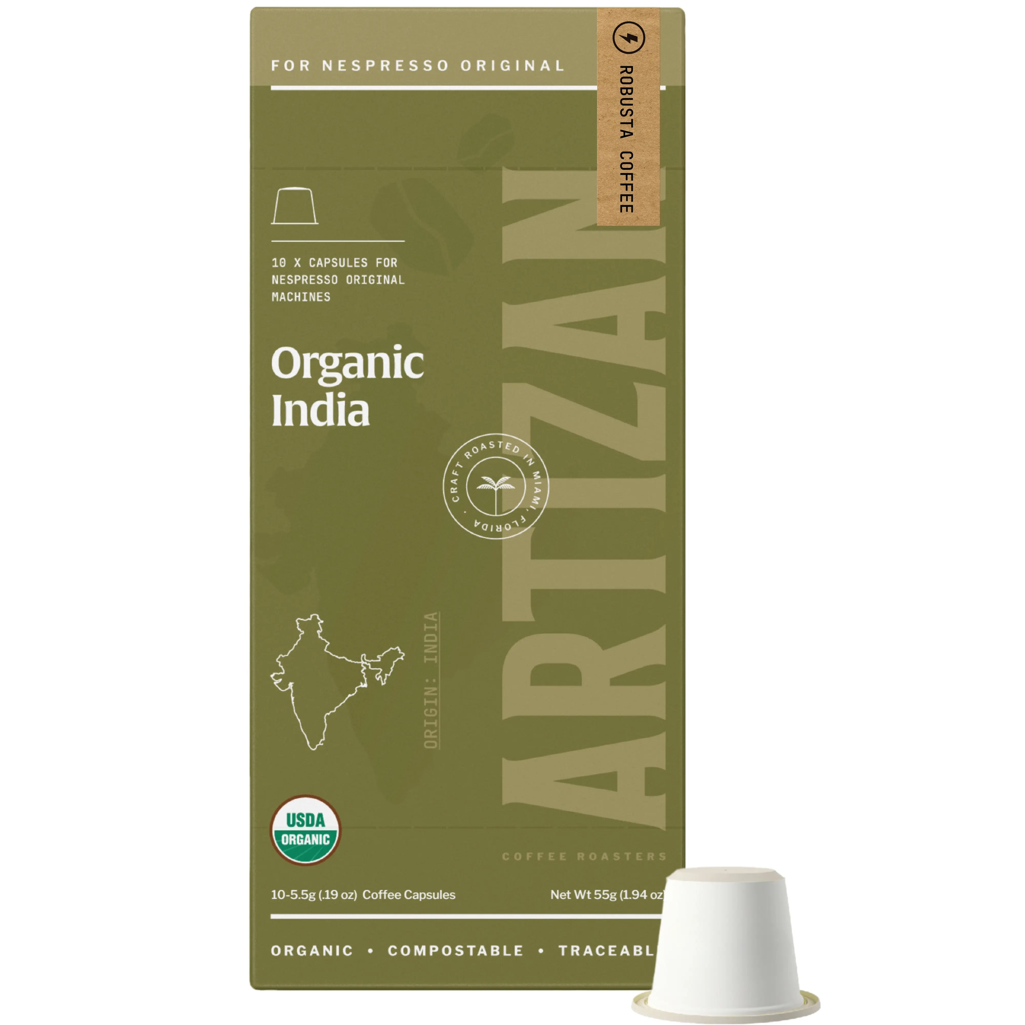 Artizan Coffee Organic India Robusta Nespresso Original compatible compostable pods packaging.