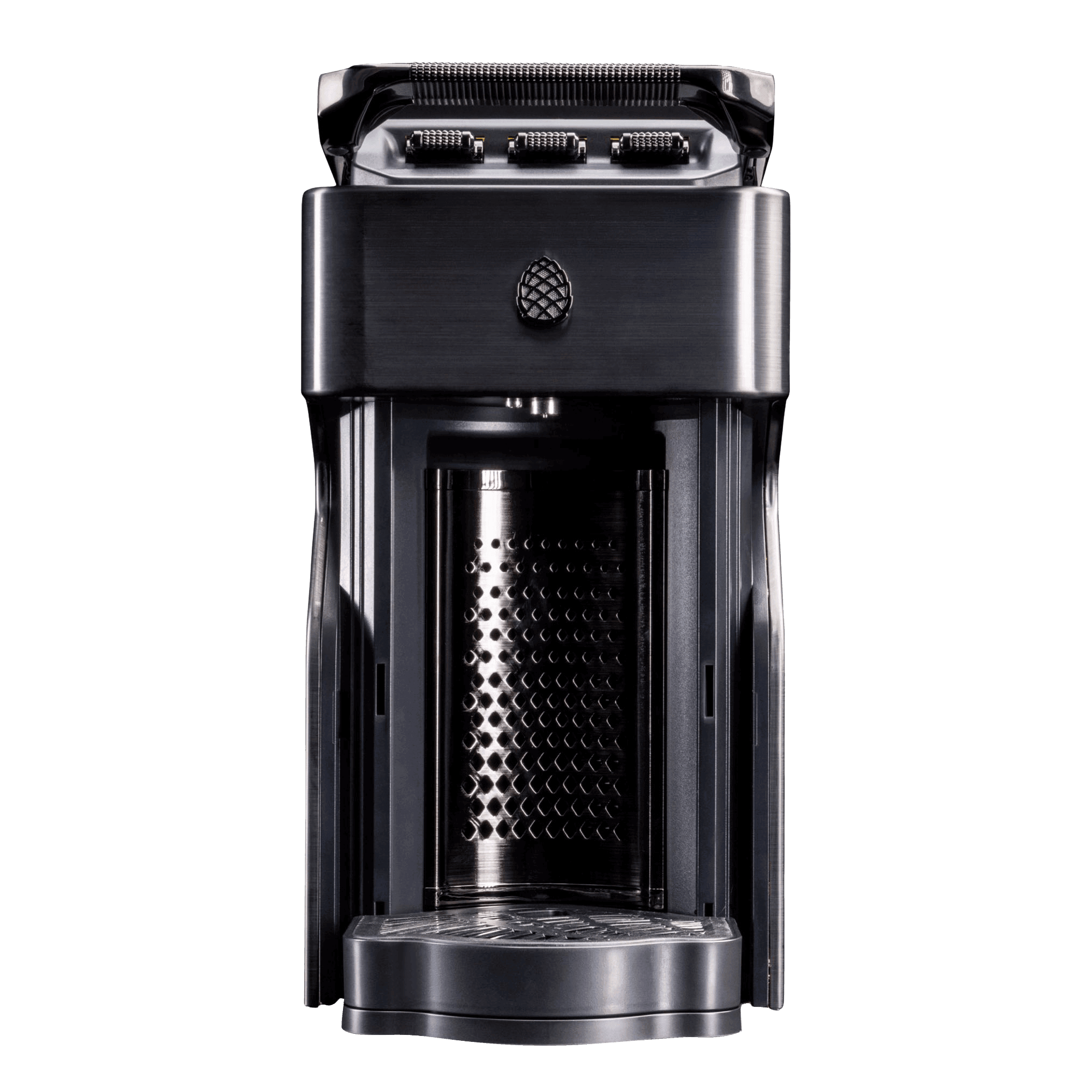 Line1 espresso machine Brushed Nickel – front view with capsule chamber open