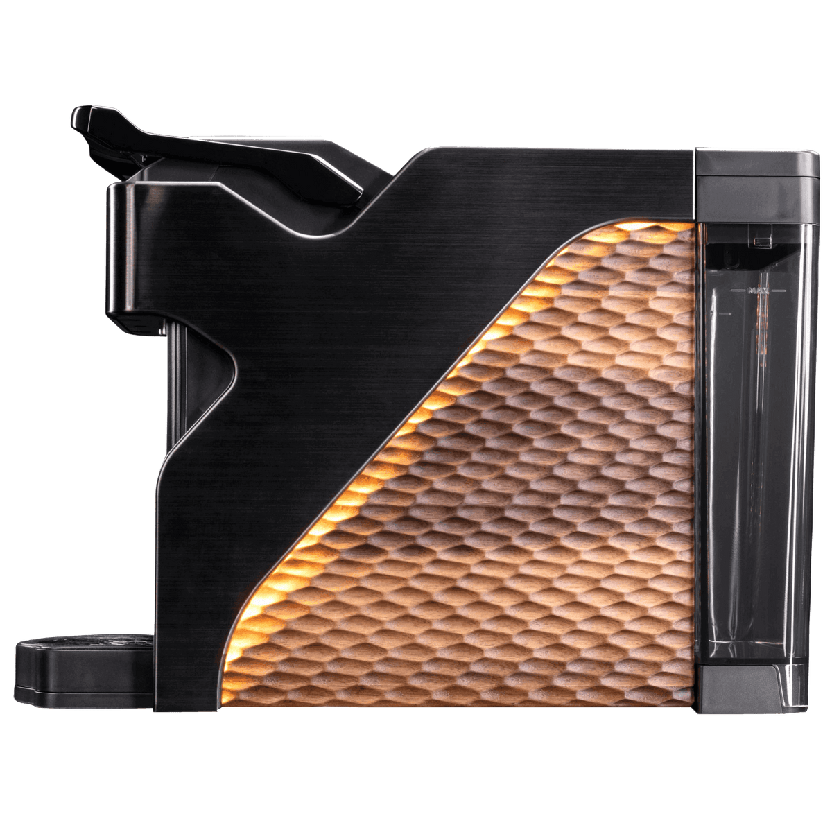 Line1 espresso machine Brushed Nickel with Grain panel – side view with water reservoir