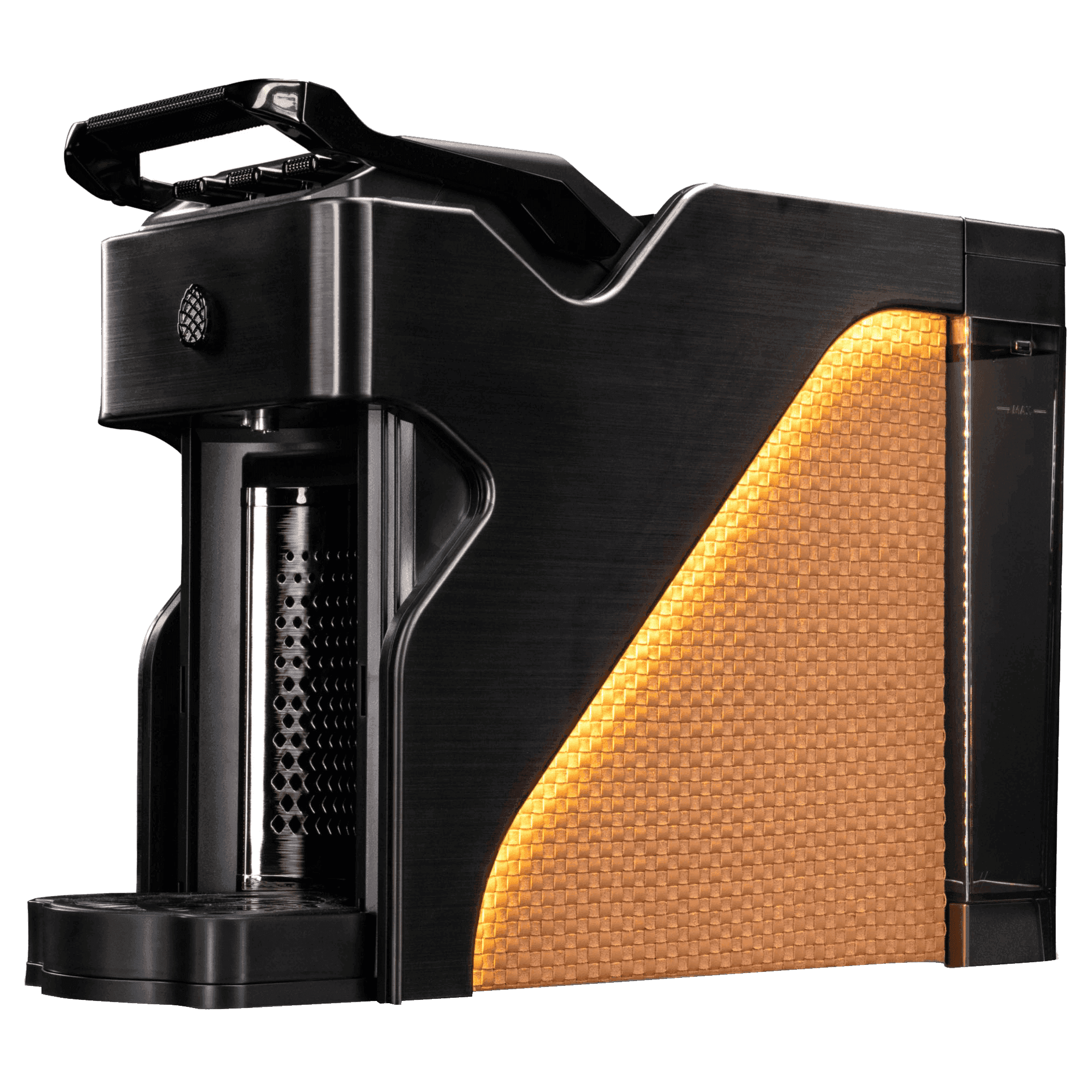 Line1 Espresso and Coffee Machine in Brushed Nickel and Saddle – three-quarter view on white background