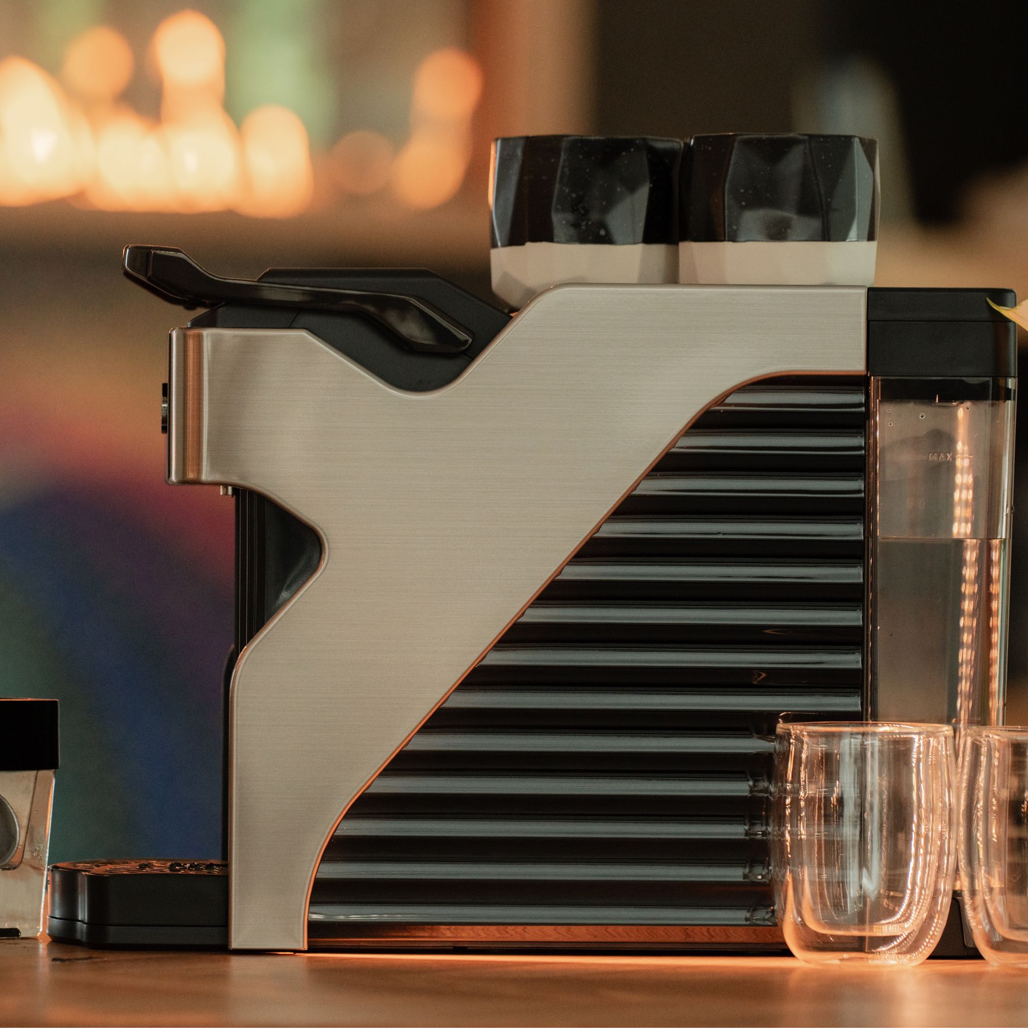 Line1 Espresso and Coffee Machine in Brushed Silver and Onyx – side profile view