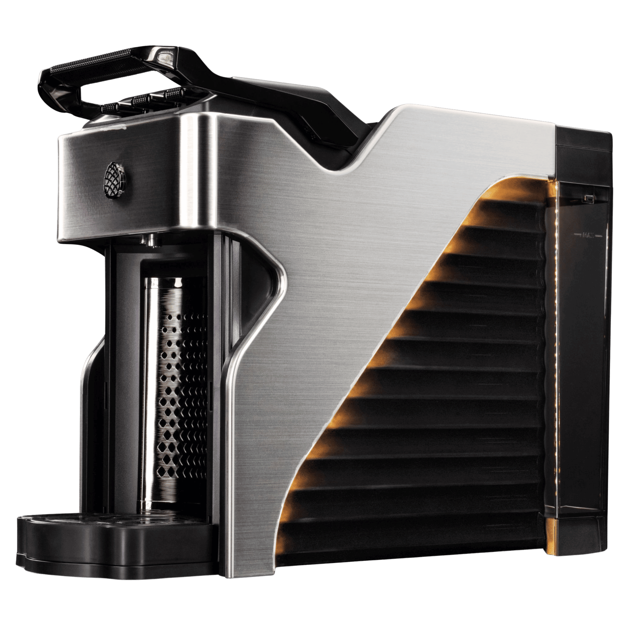 Line1 Espresso and Coffee Machine in Brushed Silver and Onyx – side view on white background
