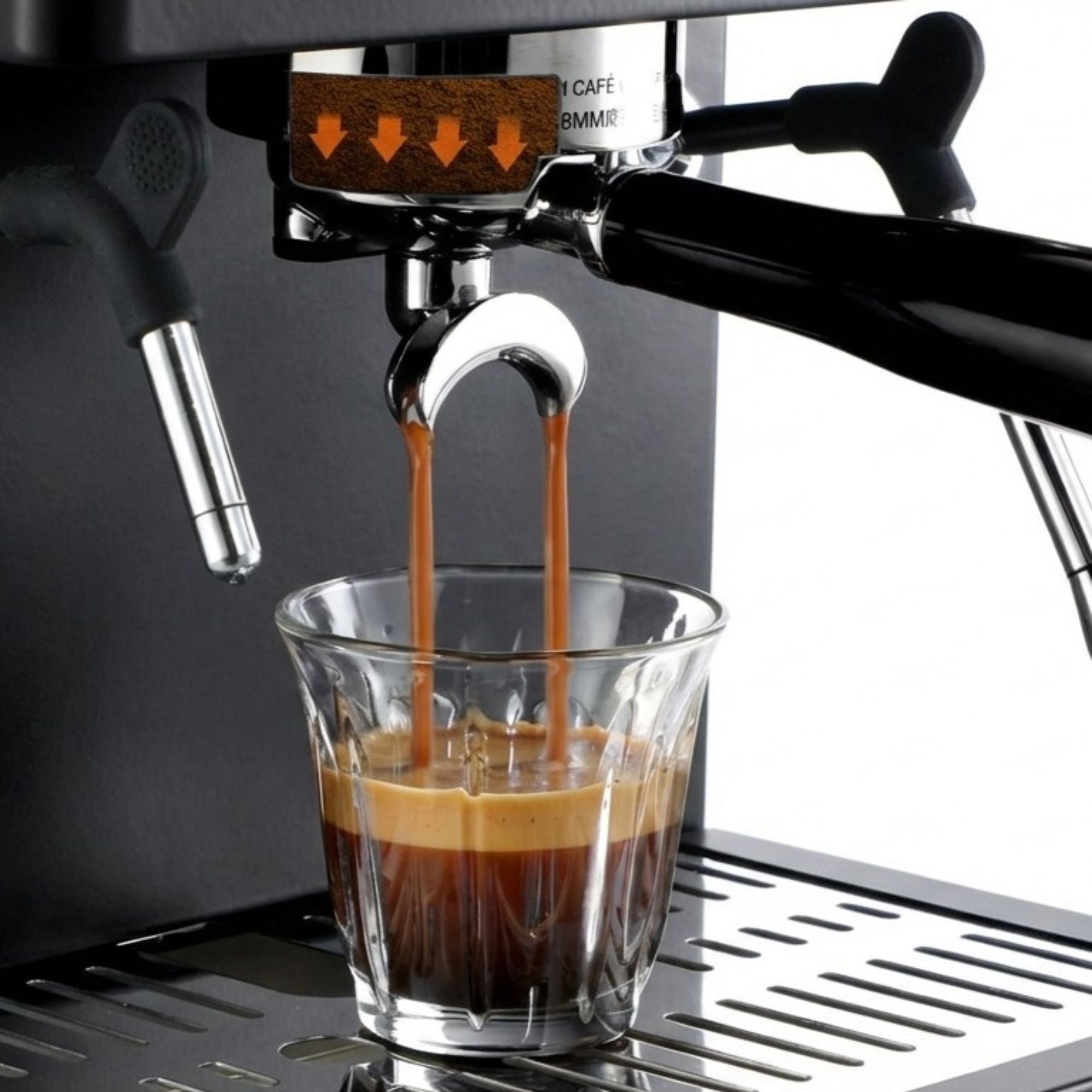 MDK espresso machine extracting fresh espresso shot into glass cup