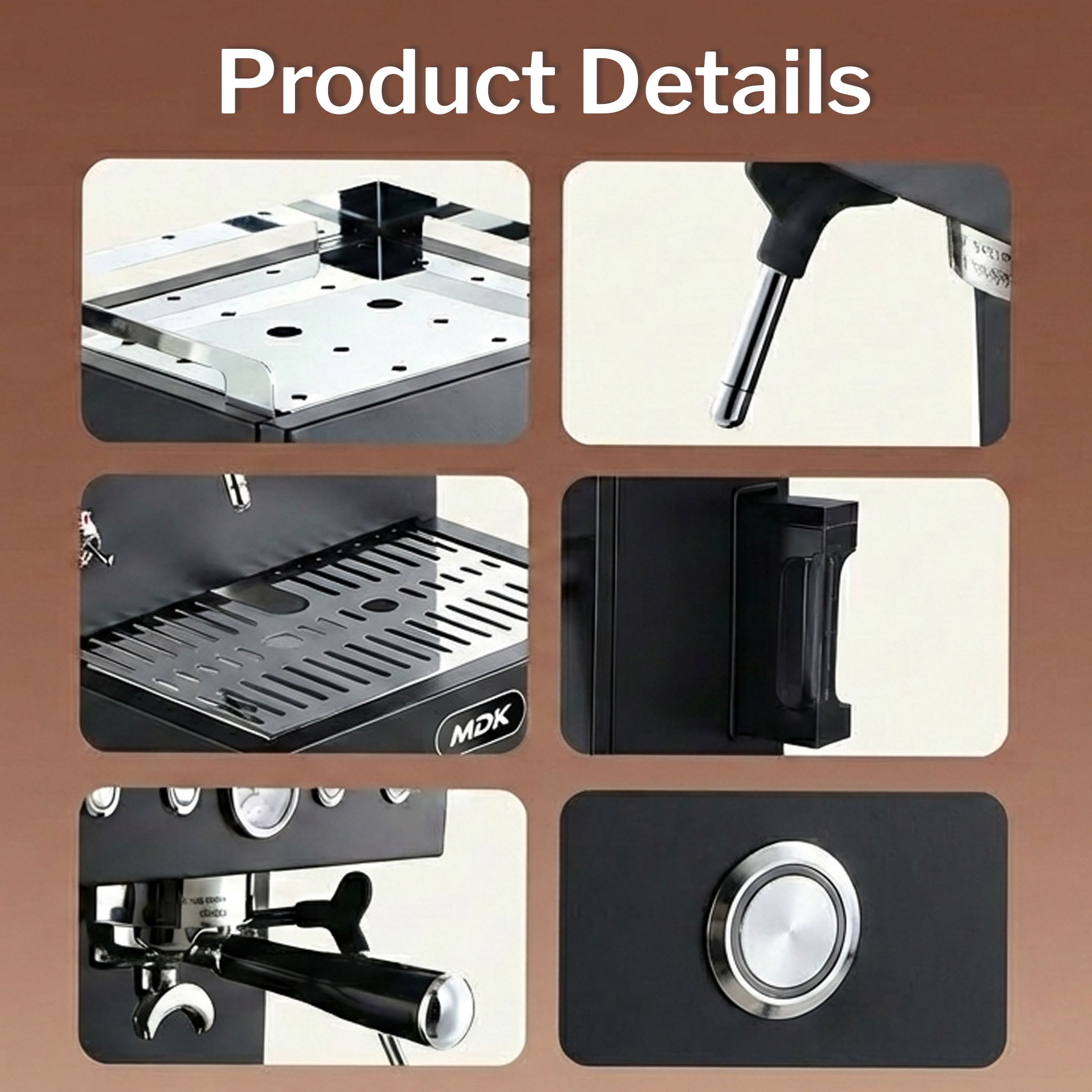 MDK espresso machine product details showing drip tray steam wand portafilter and control button