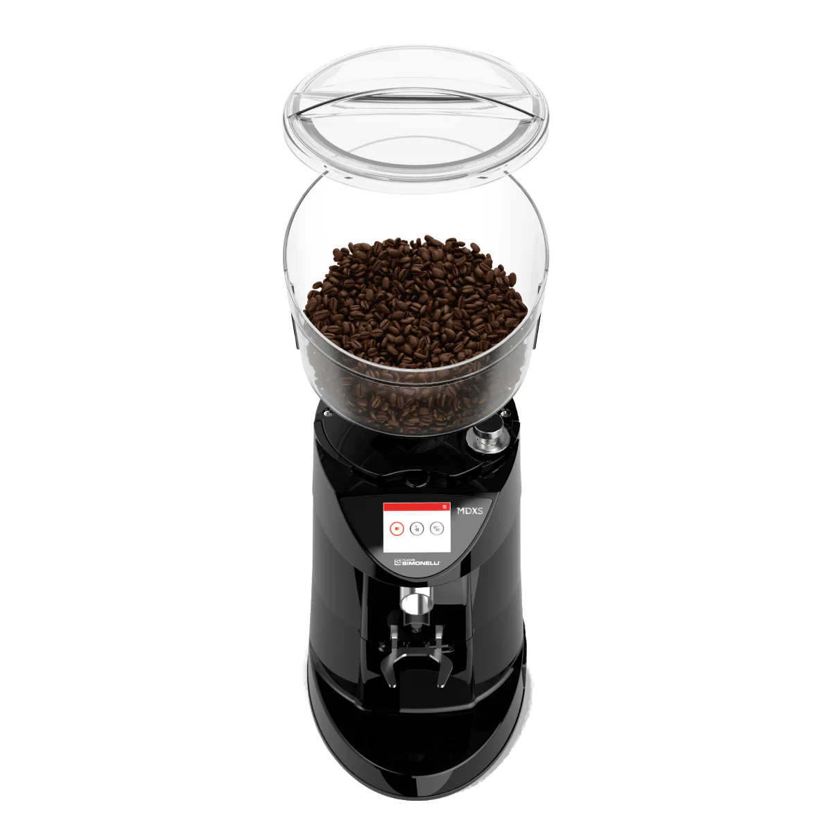 Angled top image of Nuova Simonelli MDXS On-Demand Digital Espresso Grinder showing its hopper with coffee beans on it.