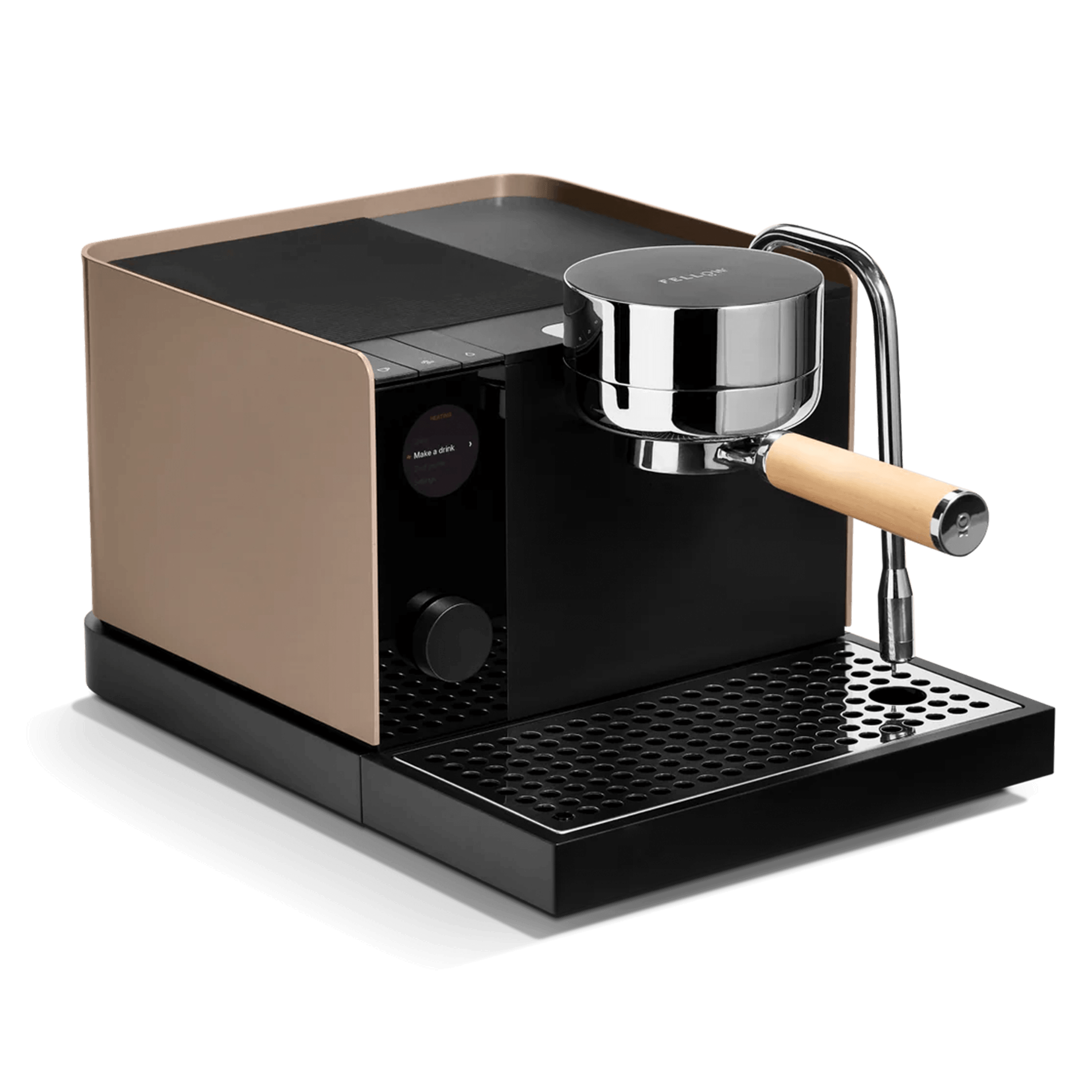 modern melted chocolate with maple accents espresso machine variant with chrome portafilter and steam wand, compact countertop coffee maker