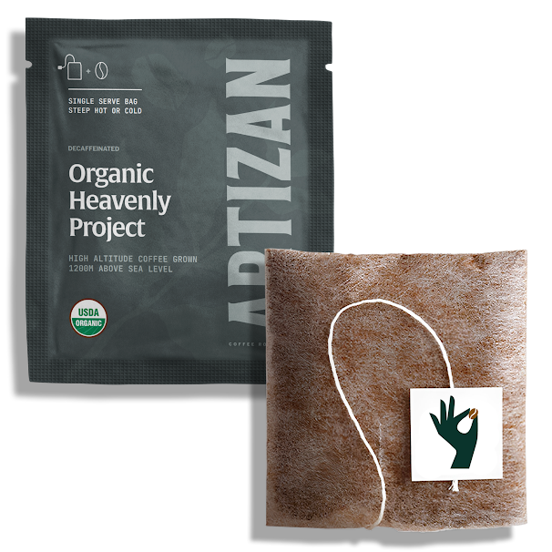 Sample – Organic Heavenly Project Decaf Coffee Single (1 Brew Bag) Artizan Coffee Roasters decaf coffee bag, black pouch with organic decaffeinated blend