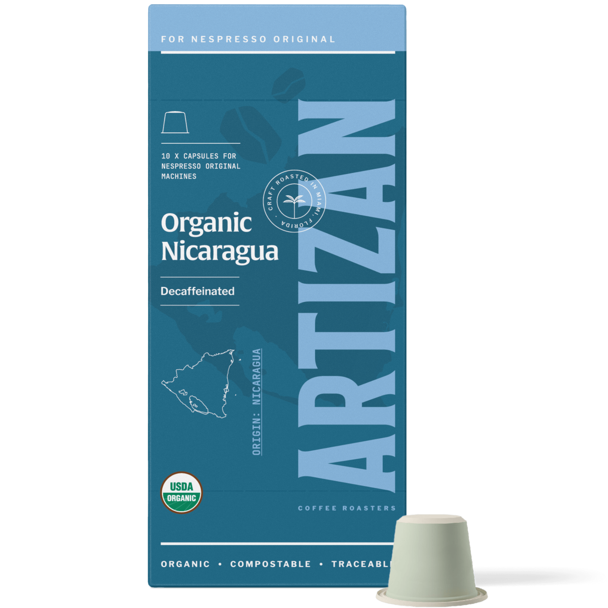 An image of Organic Nicaragua Single Origin Decaf Home Compostable Pods for Nespresso Original Machines.