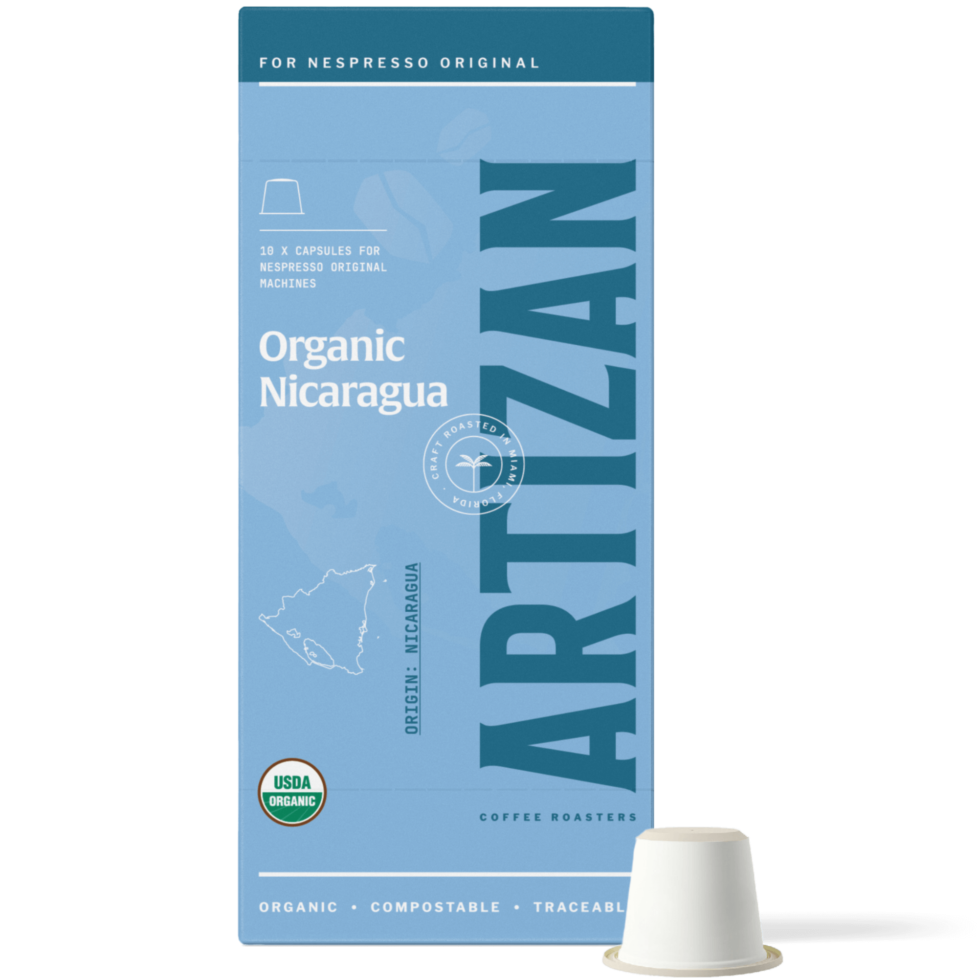 Front Image of Organic Nicaragua Single Origin Coffee Home Compostable Pods for Nespresso Original Machine with Pod Beside It.