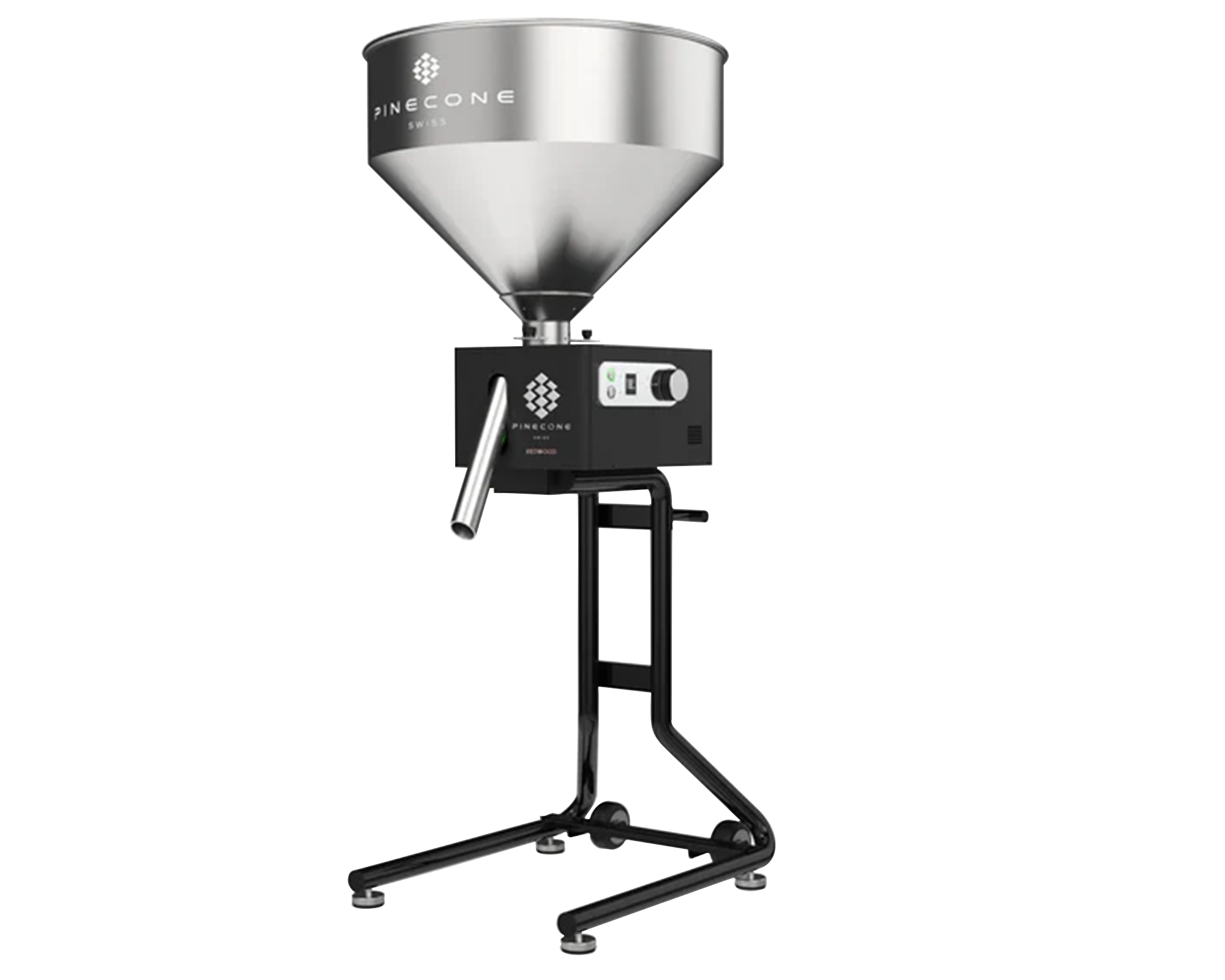 Full side view of Pinecone Redwood industrial coffee grinder with stand