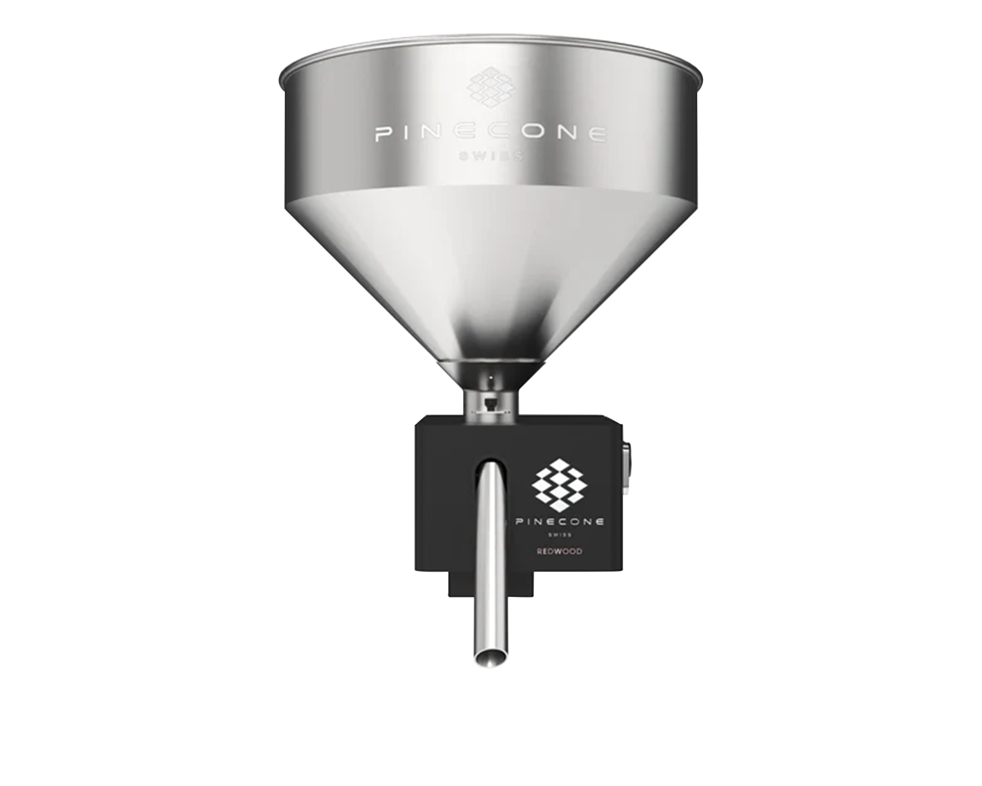 Close-up of Pinecone Redwood industrial coffee grinder stainless steel hopper