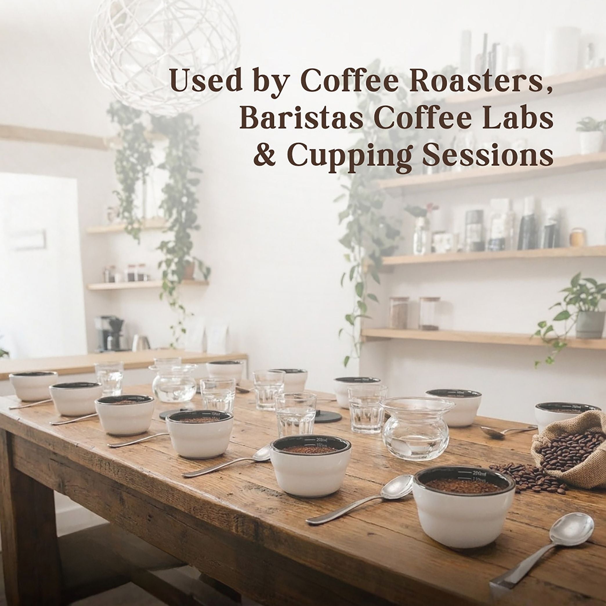 Coffee cupping session setup used by baristas and coffee roasters for tasting