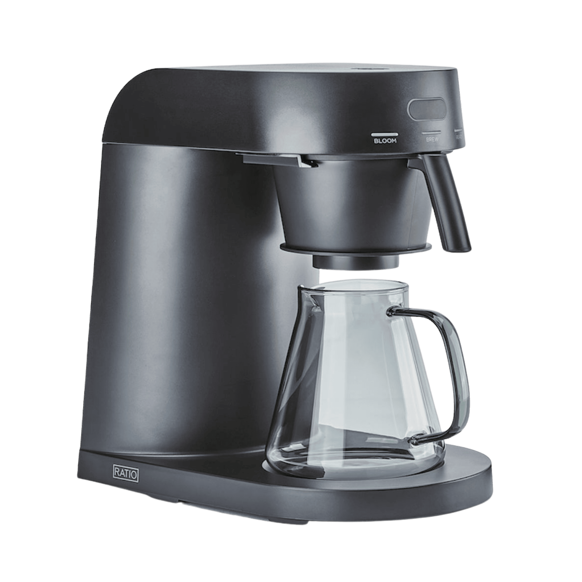 Ratio Four Coffee Machine by Ratio countertop coffee machine in black with clear glass carafe and brew head