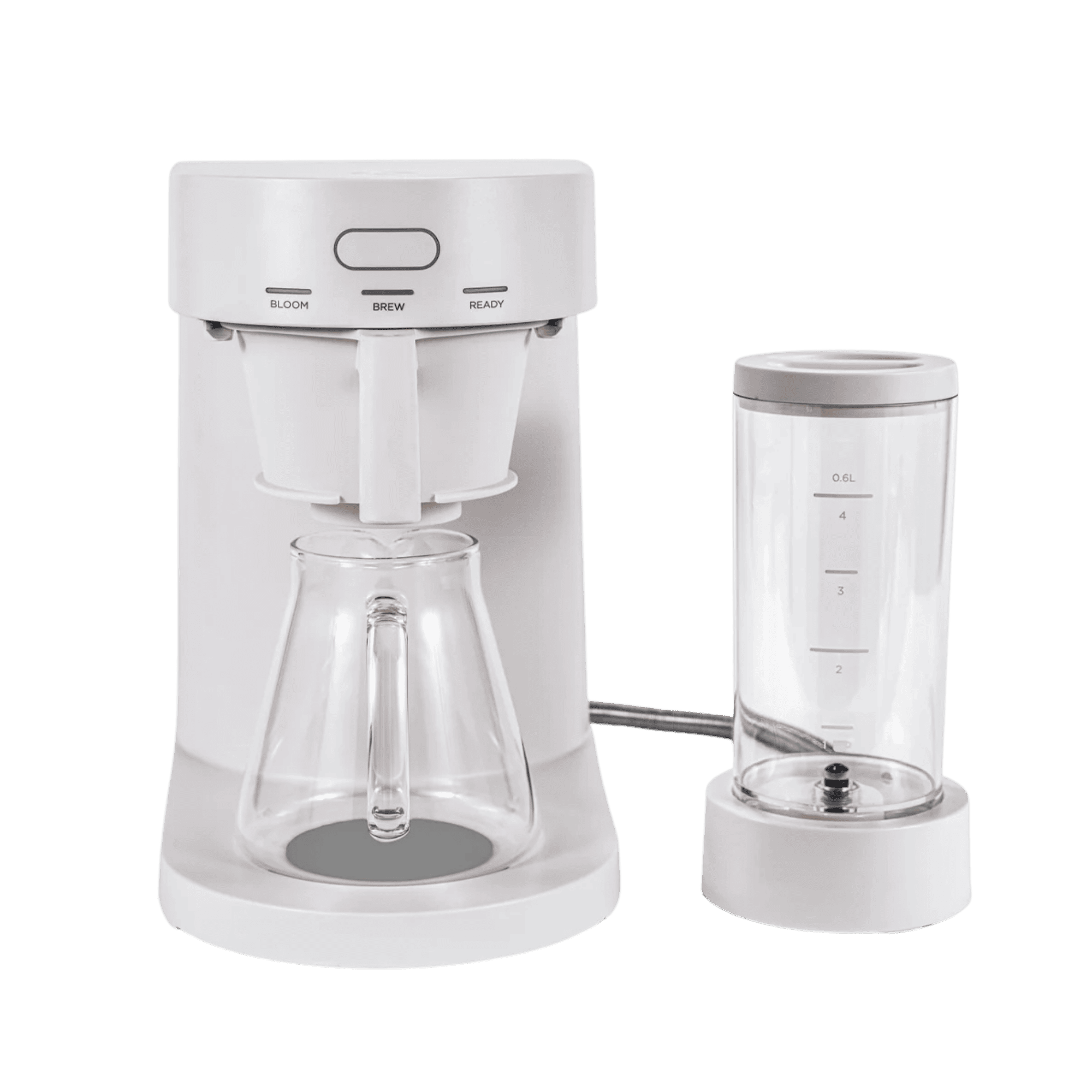Ratio Four Coffee Machine by Ratio in white with Bloom Brew Ready control buttons and glass funnel