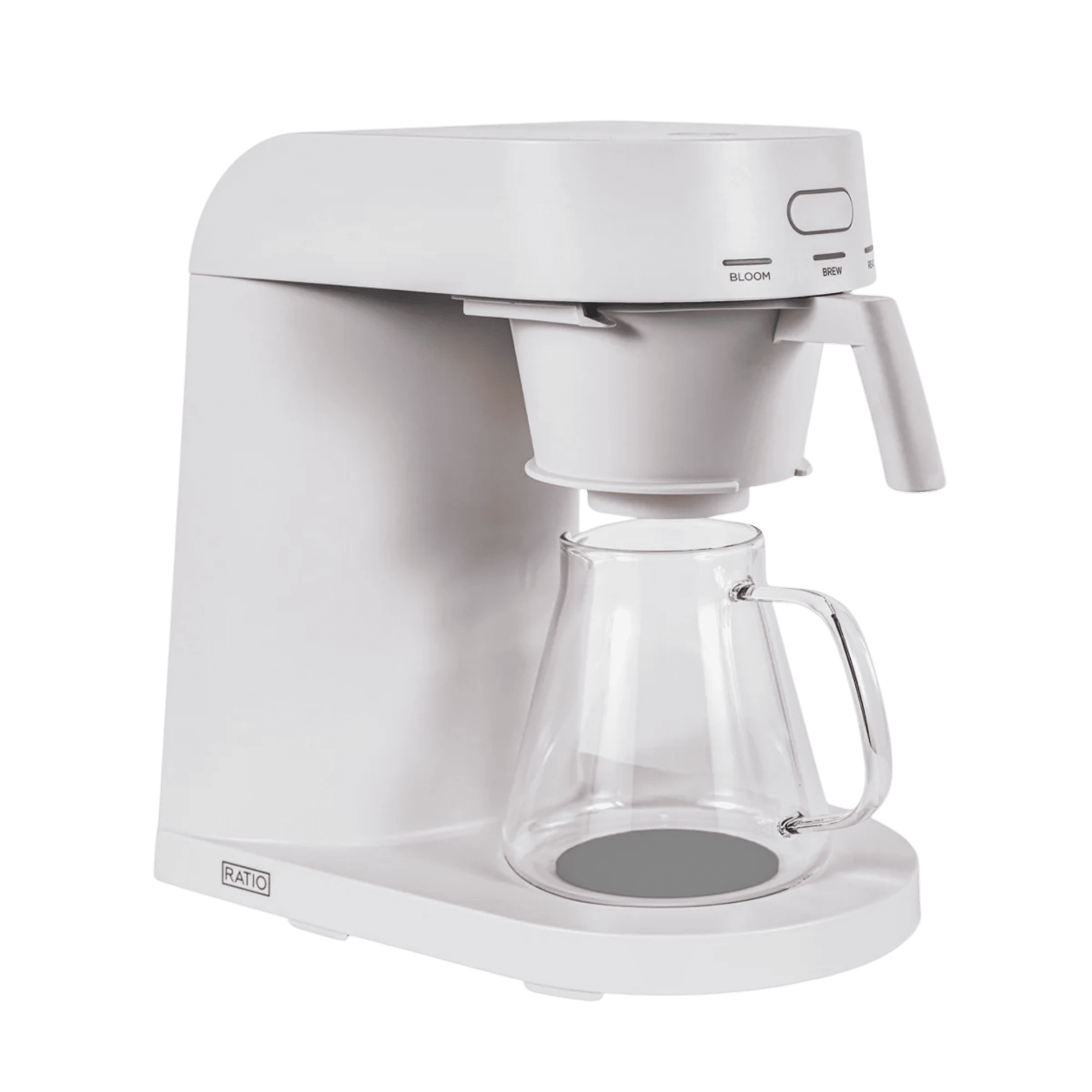 Ratio Four Coffee Machine by Ratio, white coffee machine with glass carafe and compact brew controls.