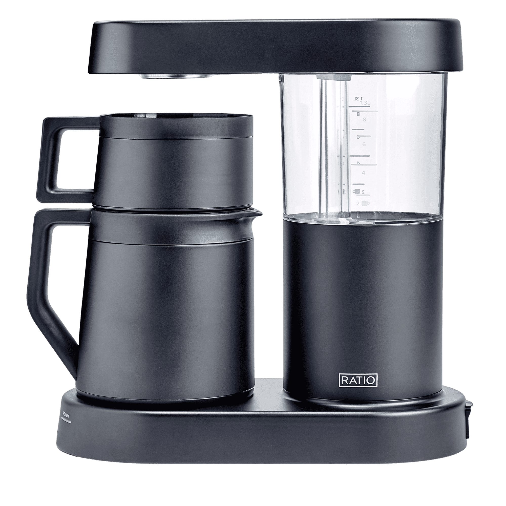 Ratio Six Coffee Machine by Ratio, matte black coffee maker with clear glass carafe and measurement markings.
