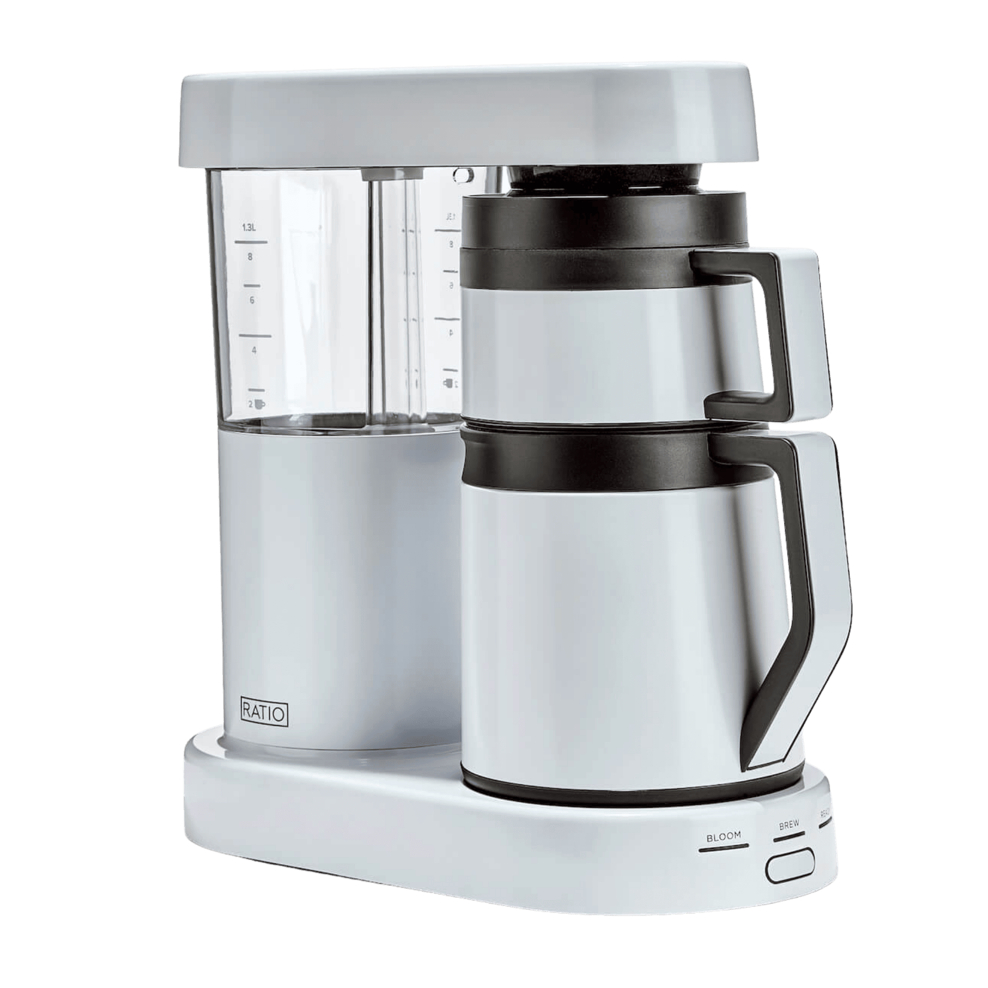Ratio Six Coffee Machine with white brewer head and carafe, featuring Bloom and Brew controls.